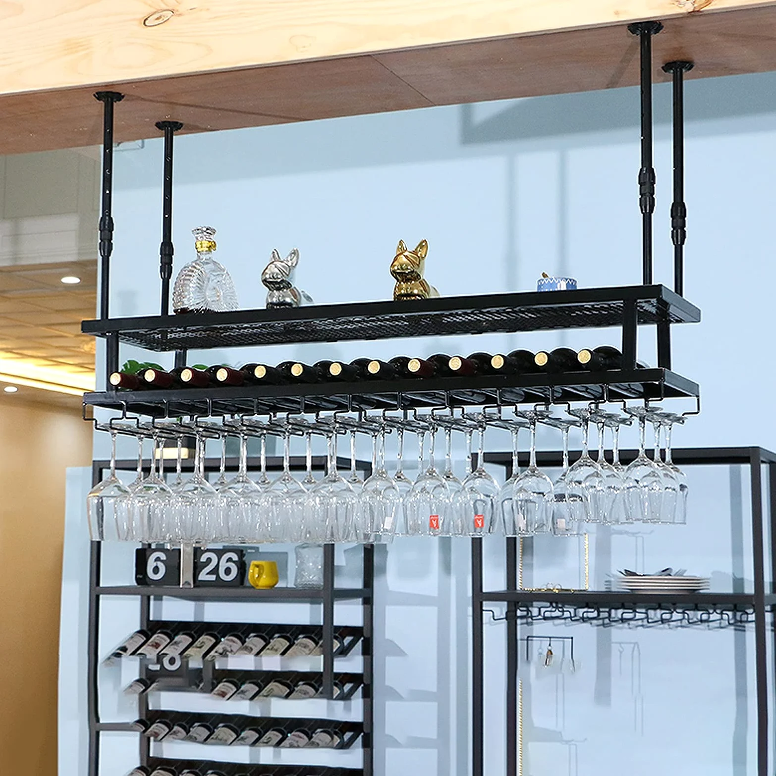 BTZHY Portabottiglie,Mensola da soffitto Industriale da Appendere con Supporto in Vetro, portabicchieri da Vino Regolabile da Bar a soffitto, mensola Galleggiante a 2 Livelli, per Esposizione, con