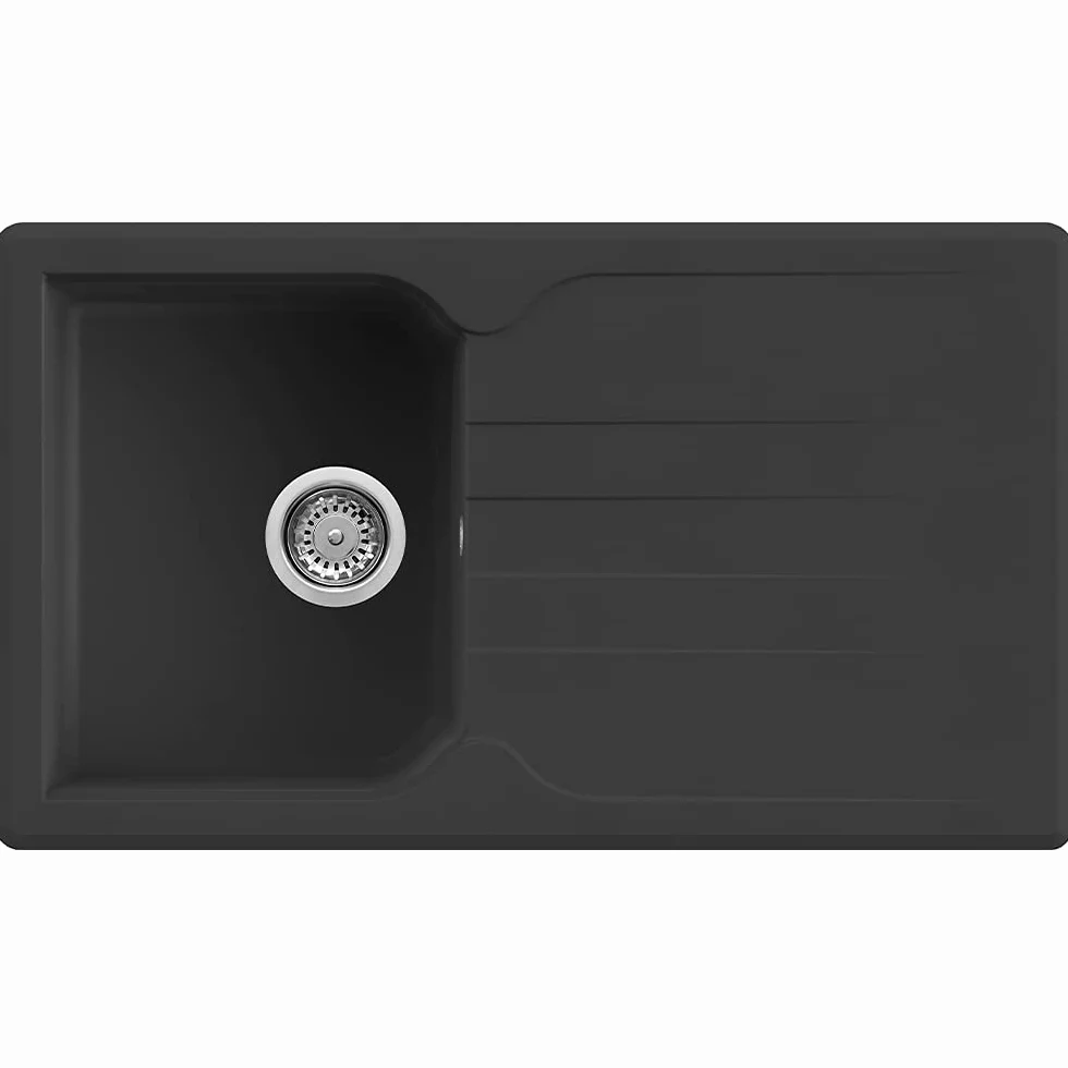 Set Lavello Prime 861 86×50 Nero Granito e Miscelatore First Monocomando Canna Girevole Nero Quareco