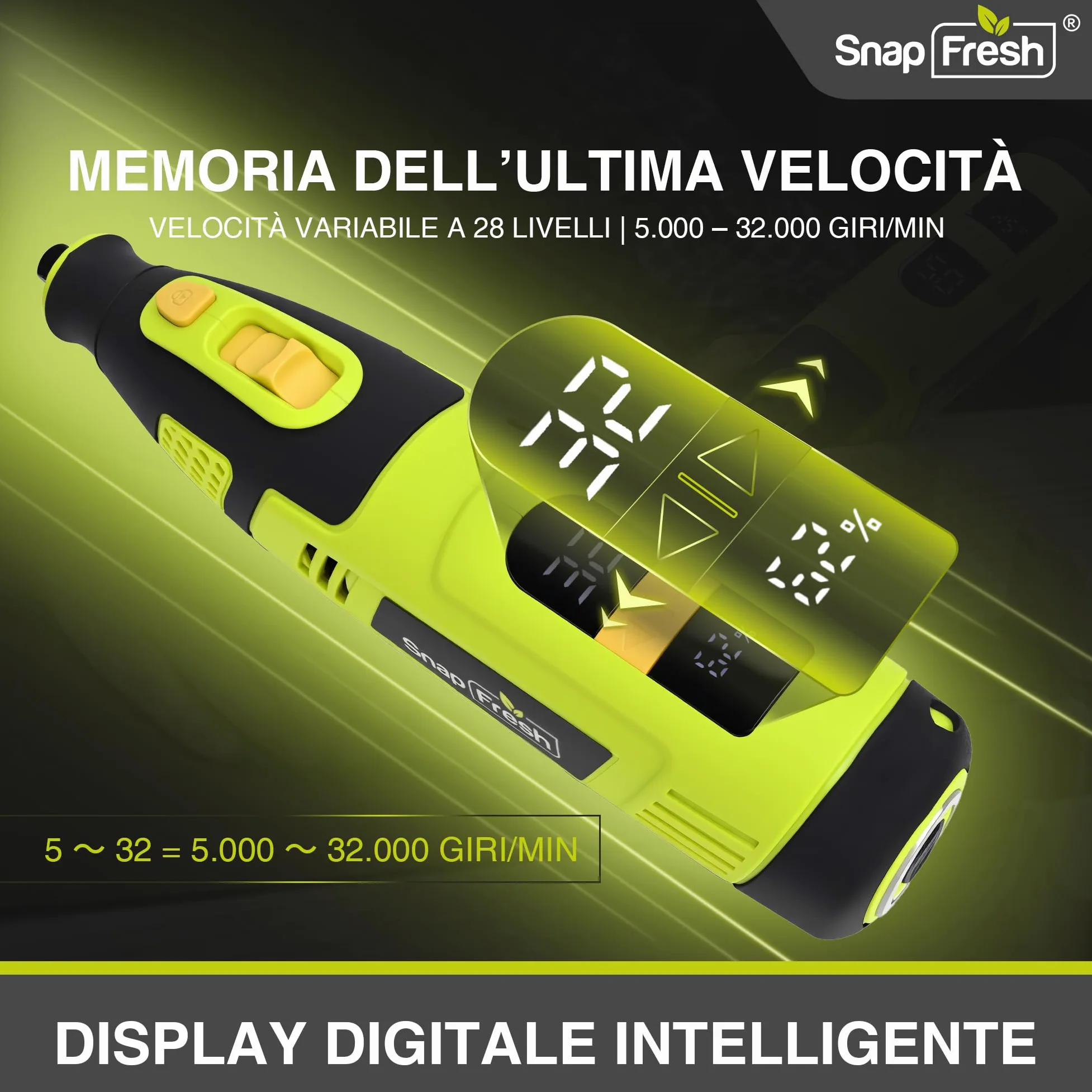 SnapFresh Utensile Rotante Multifunzione 12V Mini Trapano Elettrico, 111 Accessori, Velocità Variabile 5000–32000 giri/min, Display Digitale con Memoria, per Incisione, Levigatura, Lucidatura e Taglio