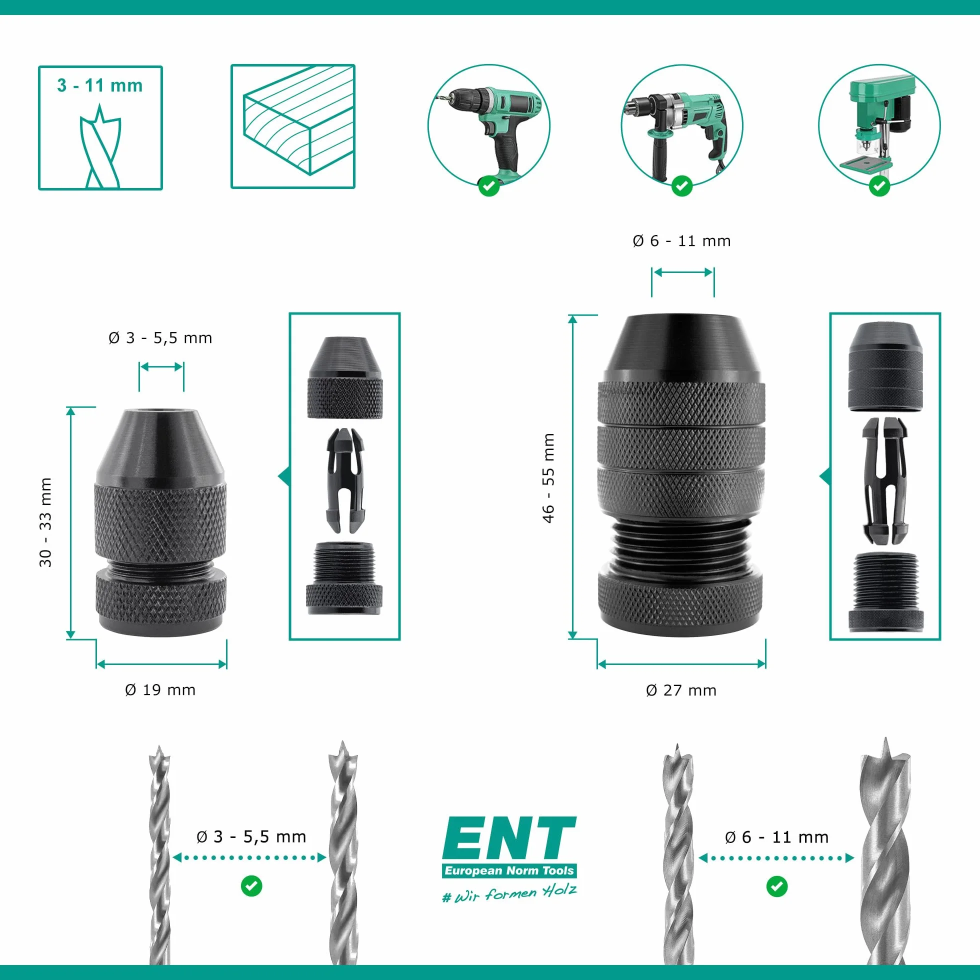 ENT 26512 Set di arresto di profondità, Ø variabile 3-11 mm, arresto di foratura in alluminio per punte da legno e punte elicoidali da legno