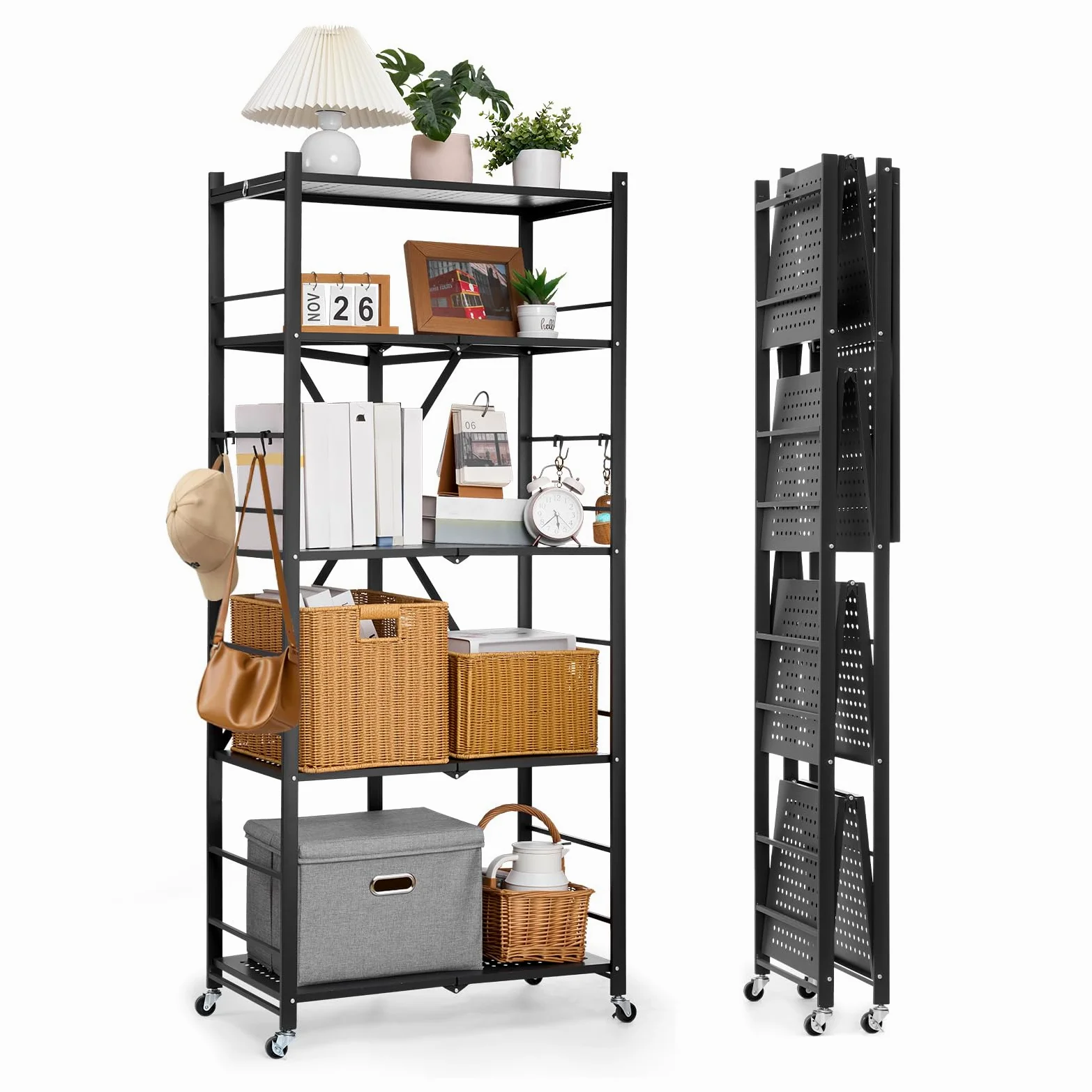 VEVOR Scaffale Portaoggetti Pieghevole a 5 Ripiani con Ruote, Scaffale in Metallo Pieghevole, Robusto Resistente Senza Montaggio, Ideale per Garage, Cucina, Cantina Nero 380 x 710 x 1630 mm