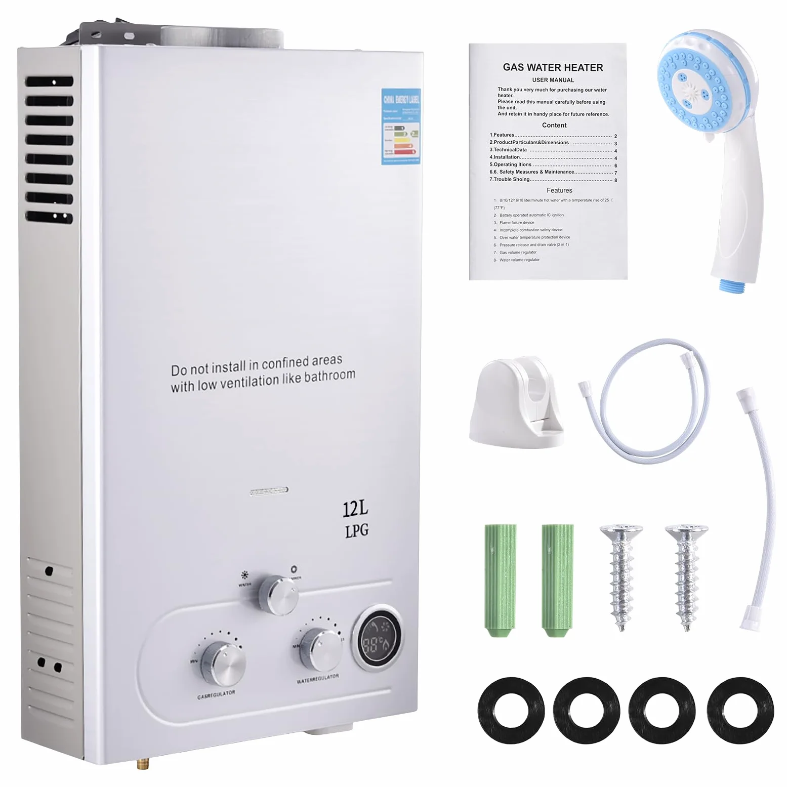 GPL10L - Scaldacqua a gas propano, 20 KW, senz'acqua, con kit doccia, bruciatore da campeggio, camper