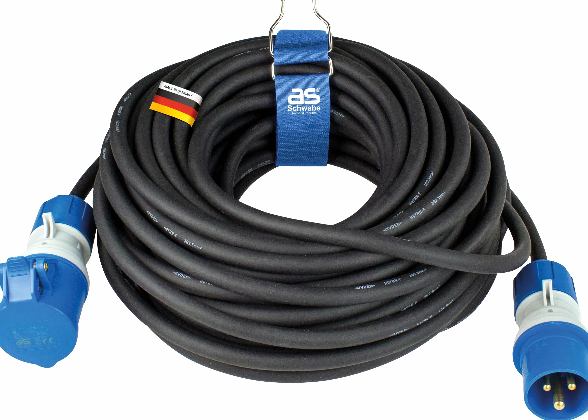 as - Schwabe Cavo di prolunga da campeggio, 25 m, 230 V, 16 A, 3 poli, spina CEE con indicatore di tensione, accoppiamento CEE con coperchio ribaltabile, prolunga per camper, prodotto in Germania,