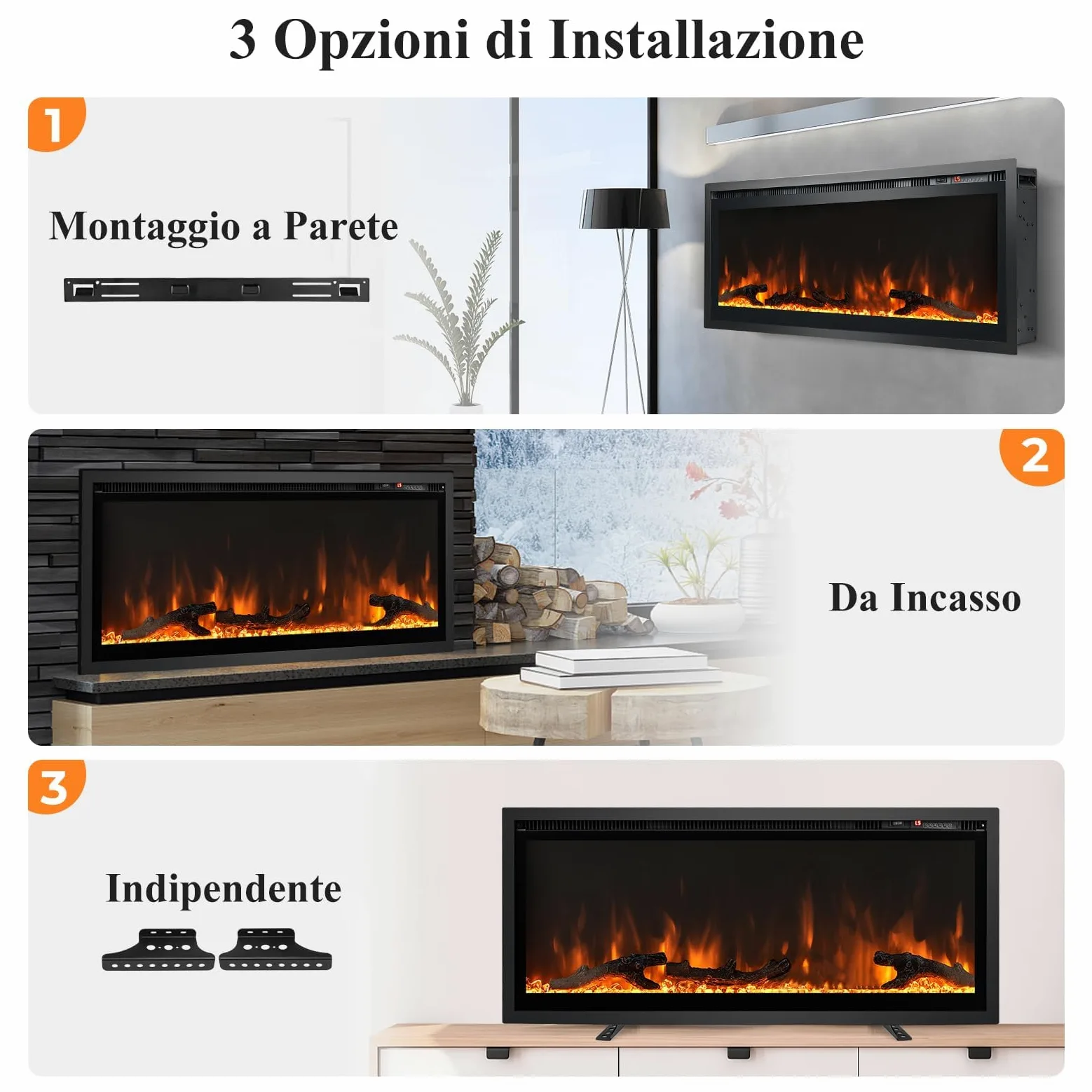GYMAX Camino Elettrico, Caminetto a Parete Incassato, 750W/1500W, con Telecomando, Timer, Decorazione di 3 Tronchi e Cristalli, 91,5 x 14 x 45 cm (91,5 x 14 x 45 cm)
