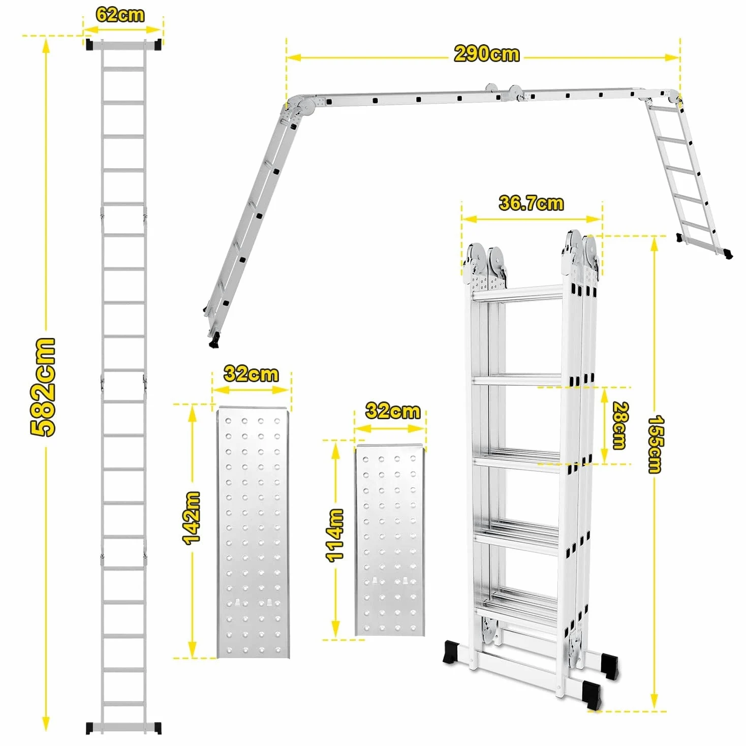 4 x 5 Scala multiuso pieghevole da 582 cm, 7 in 1 Scala Multifunzionale Alluminio con 2 piattaforma + Doppia puleggia, fino a 150 kg