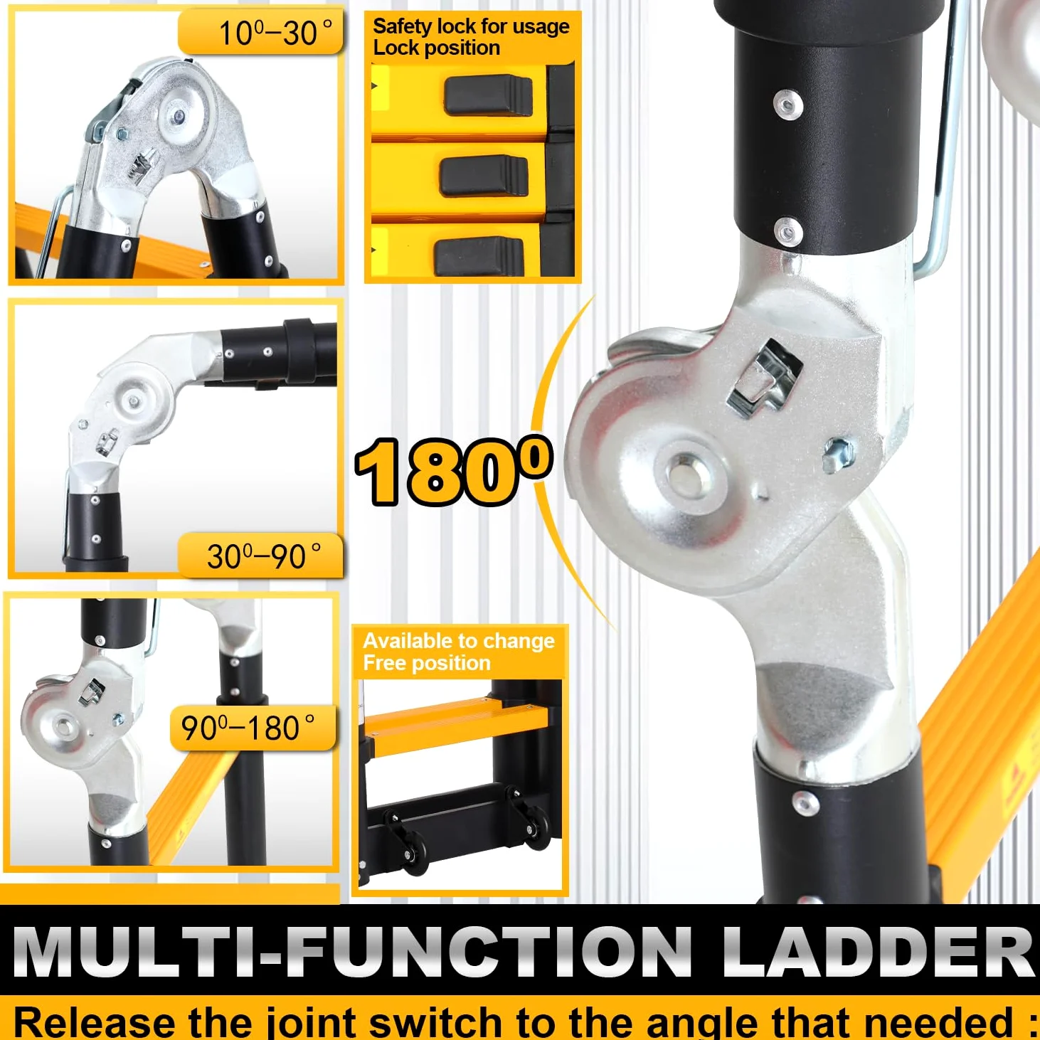 Scala telescopica in alluminio, 5 m, telescopica multifunzione, antiscivolo, pieghevole, portata 150 kg, scala in alluminio per giardino, colore nero/giallo