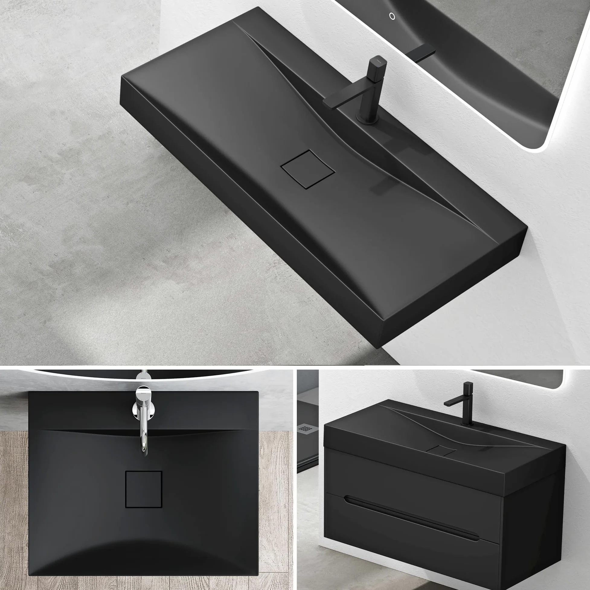 Mai & Mai Lavabo da Appoggio 60x48x10cm, Lavabo Bagno Sospeso Lavandino Bagno Rettangolare Colossum810 Marmo fuso, Nero Opaco