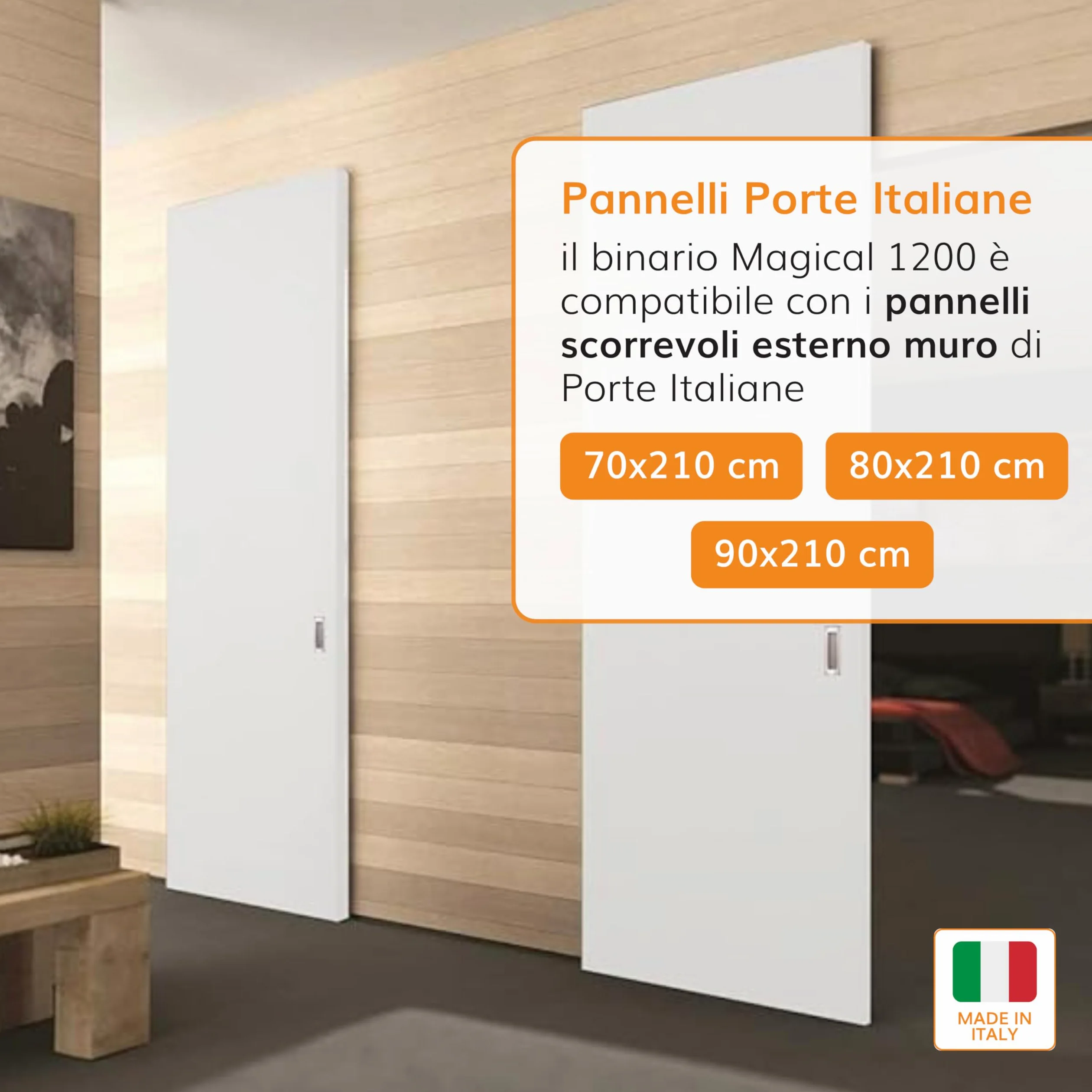 Porte Italiane, Binario Porta Scorrevole Invisibile MAGICAL 1200, per Porta Scorrevole Esterno Muro in Legno Larga da 80 cm a 120 cm, Kit con Meccanismo, Accessori e Guida
