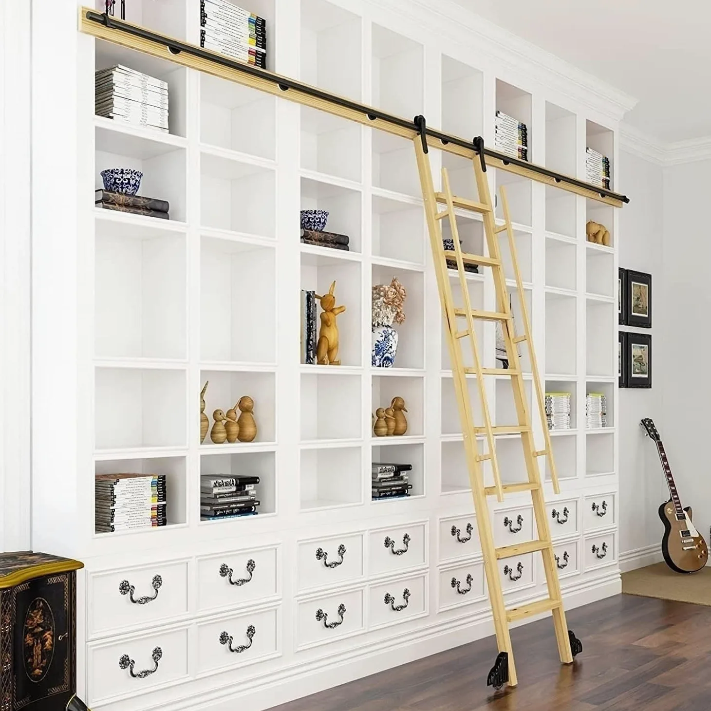 Rolling Ladder Hardware Library Kit di ferramenta per Scala Scorrevole, Hardware per Scala di rotolamento in Acciaio Nero, Home Office Library Kit di binari scorrevoli in Stile fienile (con
