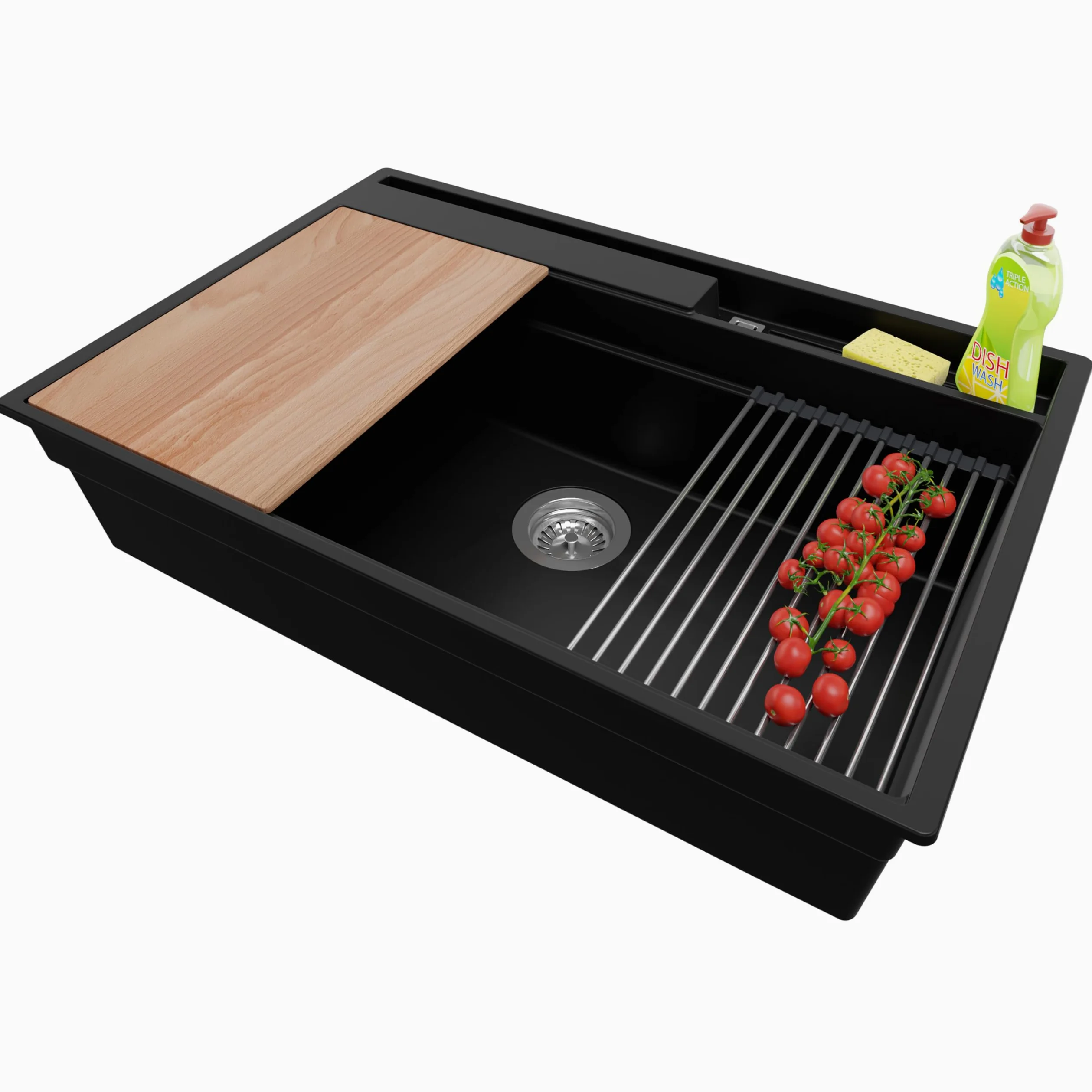 PRIMAGRAN Lavello da Cucina Nero 78x53cm, Lavandino in Granito a 1 vasca + Sifone Classico, Lavabo da Cucina Incasso al Mobile 80cm - Oslo Pocket S335
