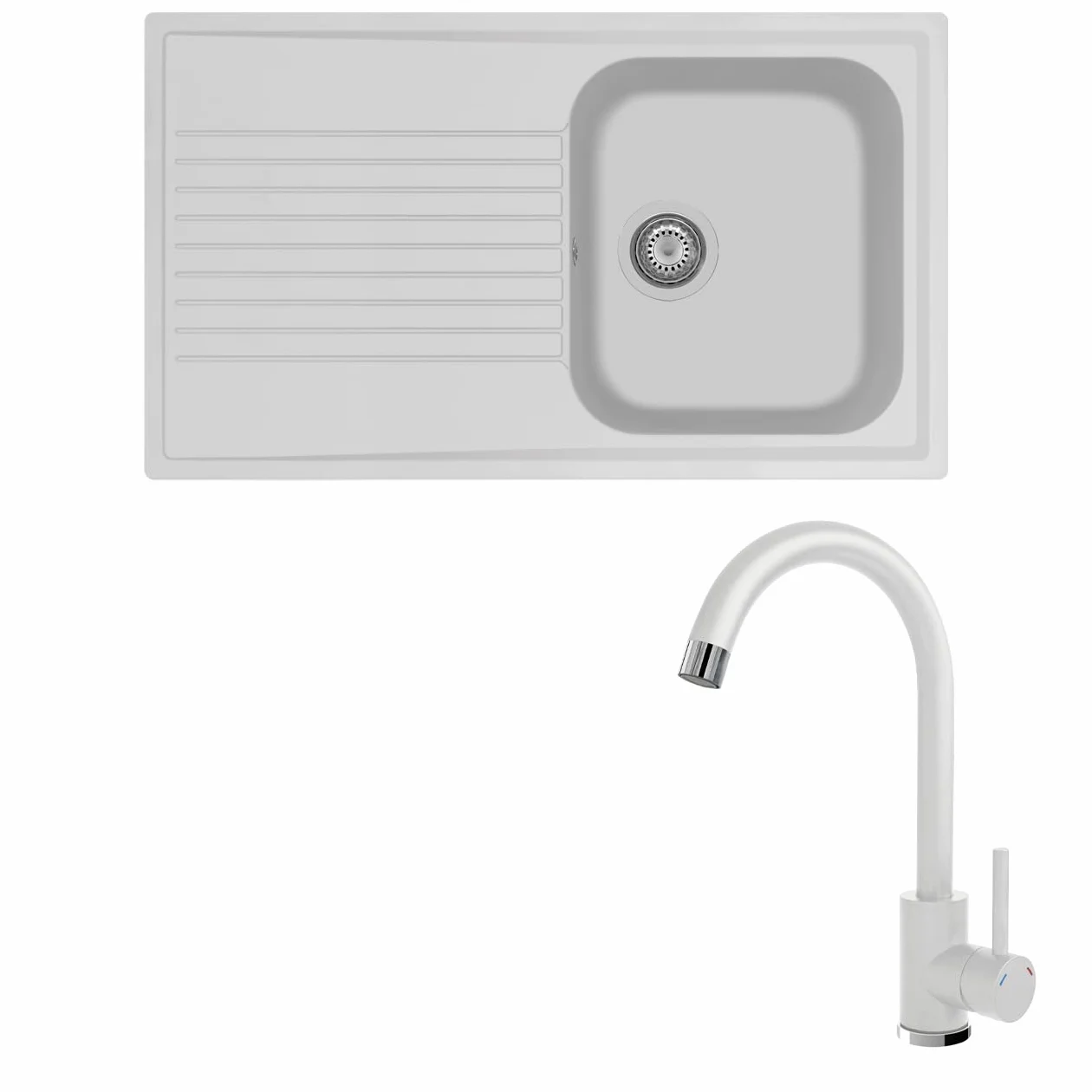 Lavello composito cucina PLADOS modello PL0861 una vasca + miscelatore monocomando Zeus BIANCO 98