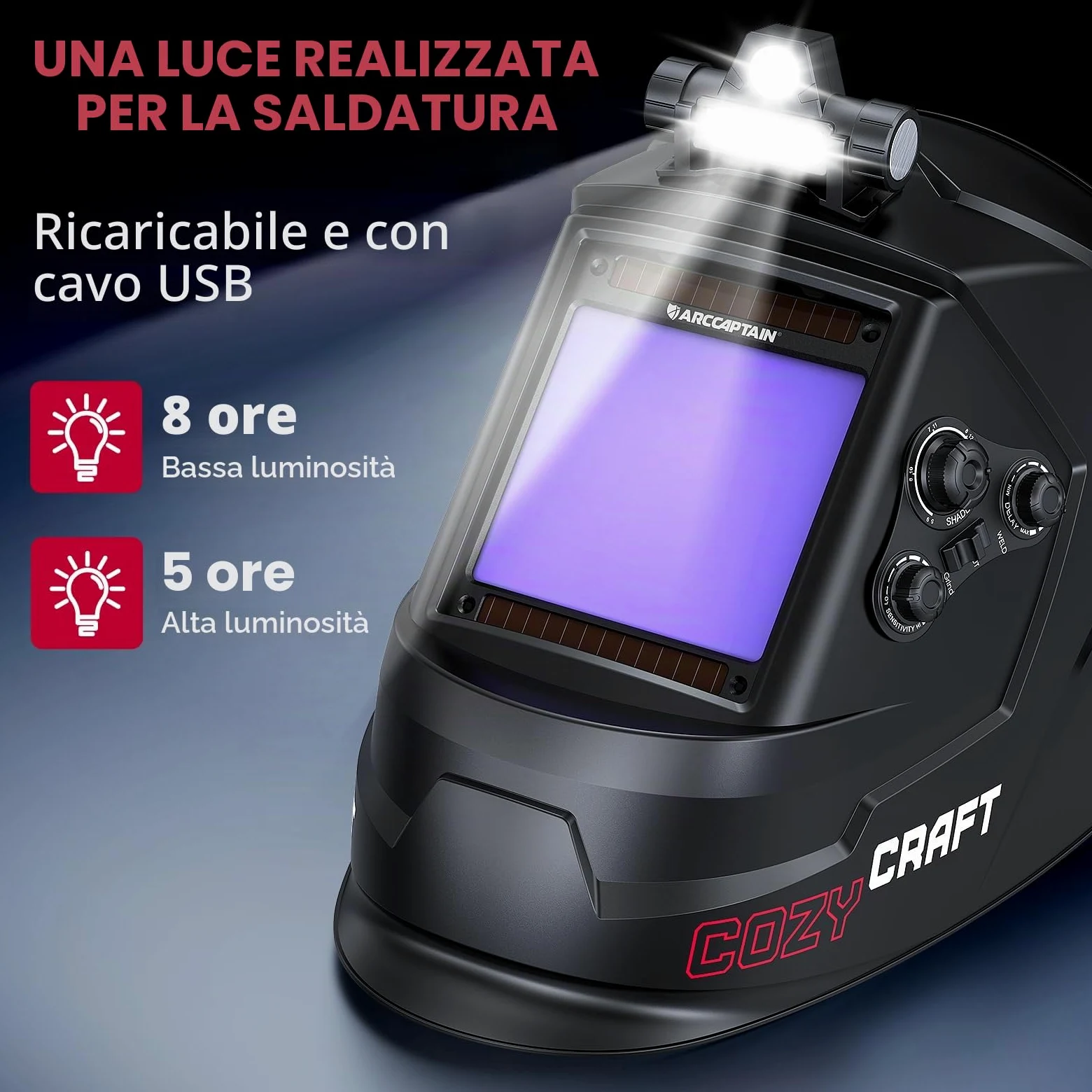ARCCAPTAIN 10 x 9,3 cm, casco per saldatura auto oscurante, ad energia solare, cappuccio per saldatura a colori veri, casco per saldatore con chiarezza ottica 1/1/1/1, 4 sensori ad arco largo 4/5-9/9