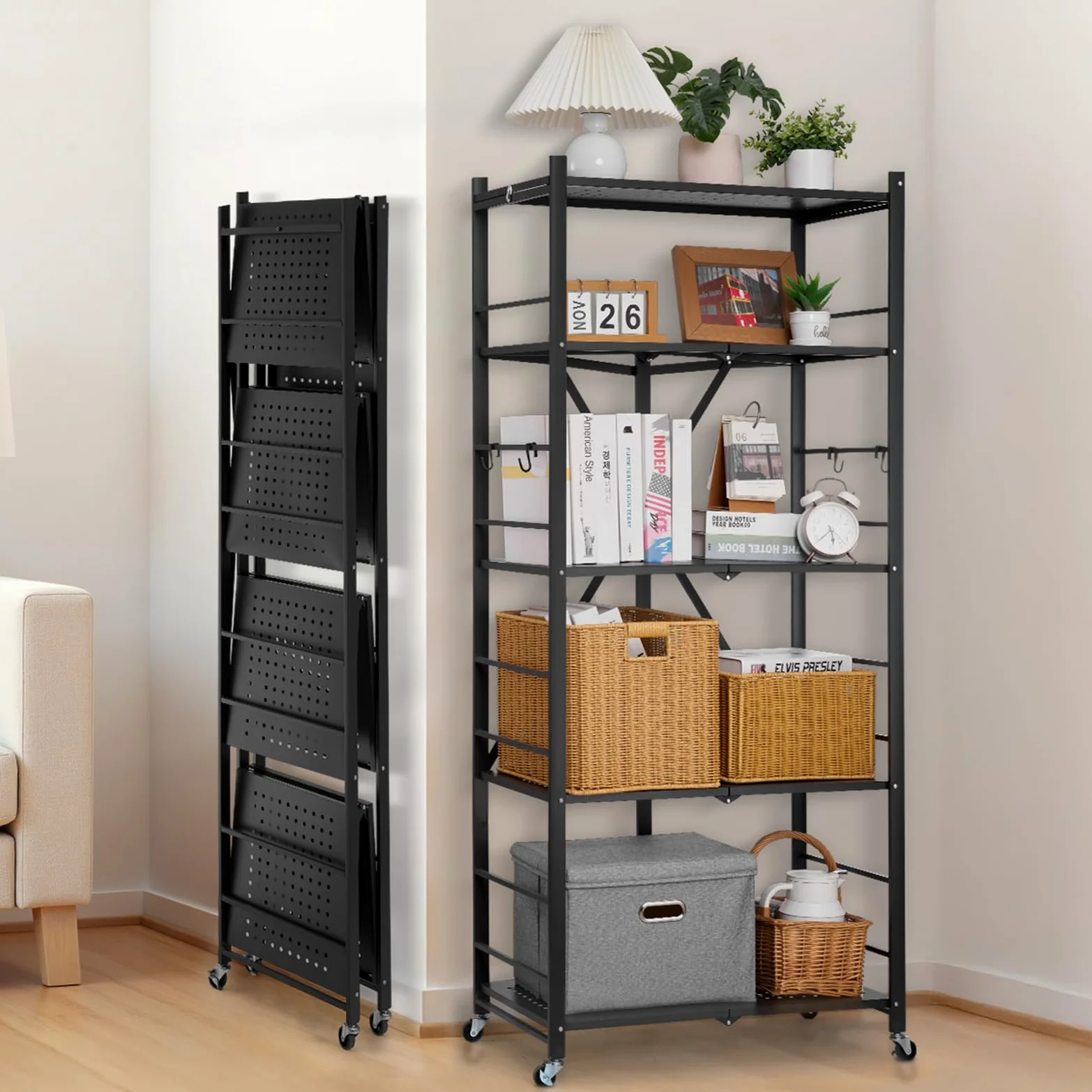 VEVOR Scaffale Portaoggetti Pieghevole a 5 Ripiani con Ruote, Scaffale in Metallo Pieghevole, Robusto Resistente Senza Montaggio, Ideale per Garage, Cucina, Cantina Nero 380 x 710 x 1630 mm