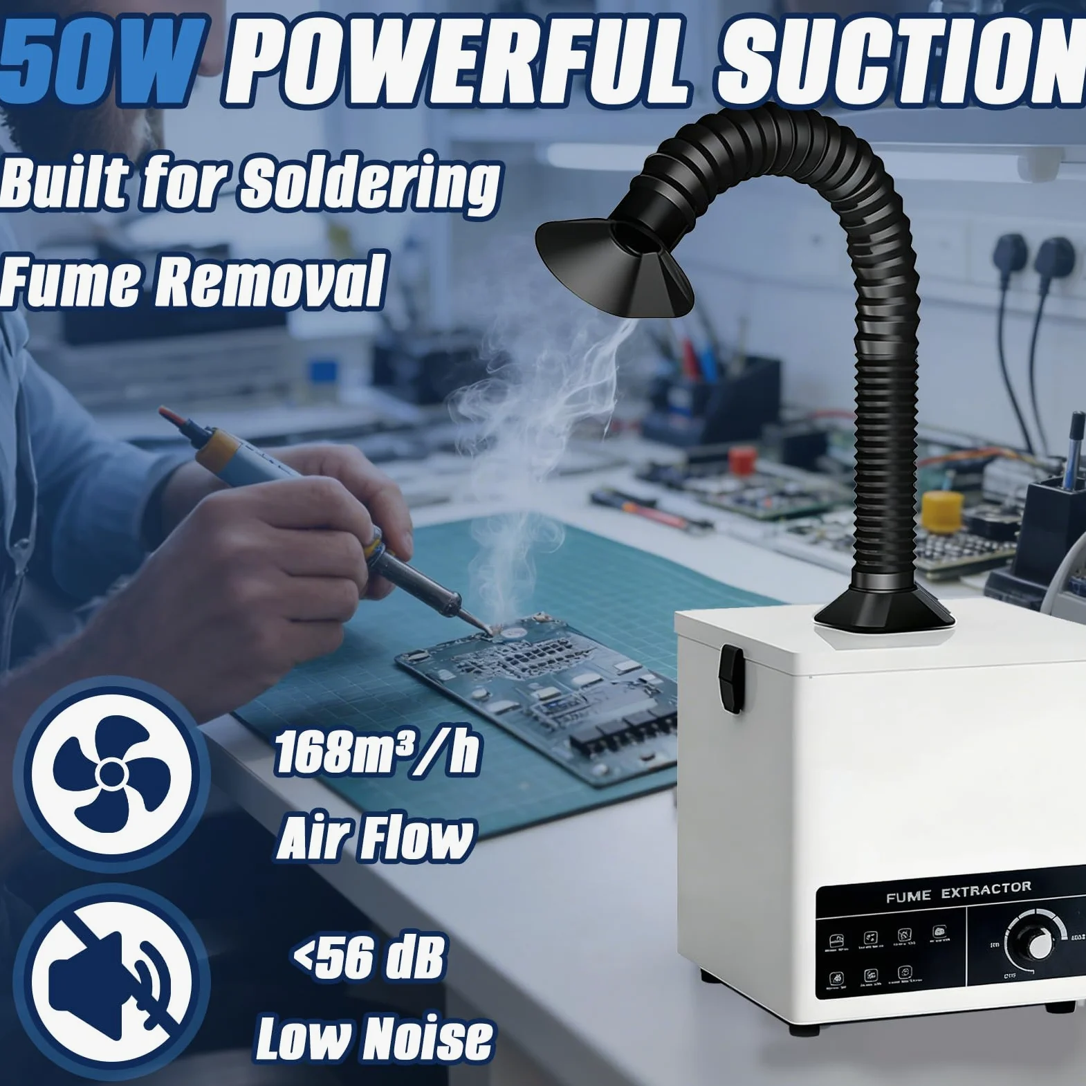 Aspiratore fumi saldatura 50 W con filtro a 3 stadi, estrattore fumi da banco 168 m³/h, purificatore per fumi di saldatura, vapori laser e polveri sottili (4 prefiltro di ricambio inclusi)
