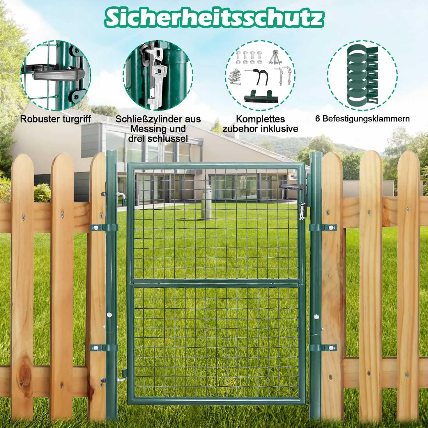 Gimisgu Cancello da giardino, 150 x 100 cm, in acciaio zincato, con maniglia per serratura e 3 chiavi, robusto e durevole, per tralicci di bastoni, porta d'ingresso, colore: verde