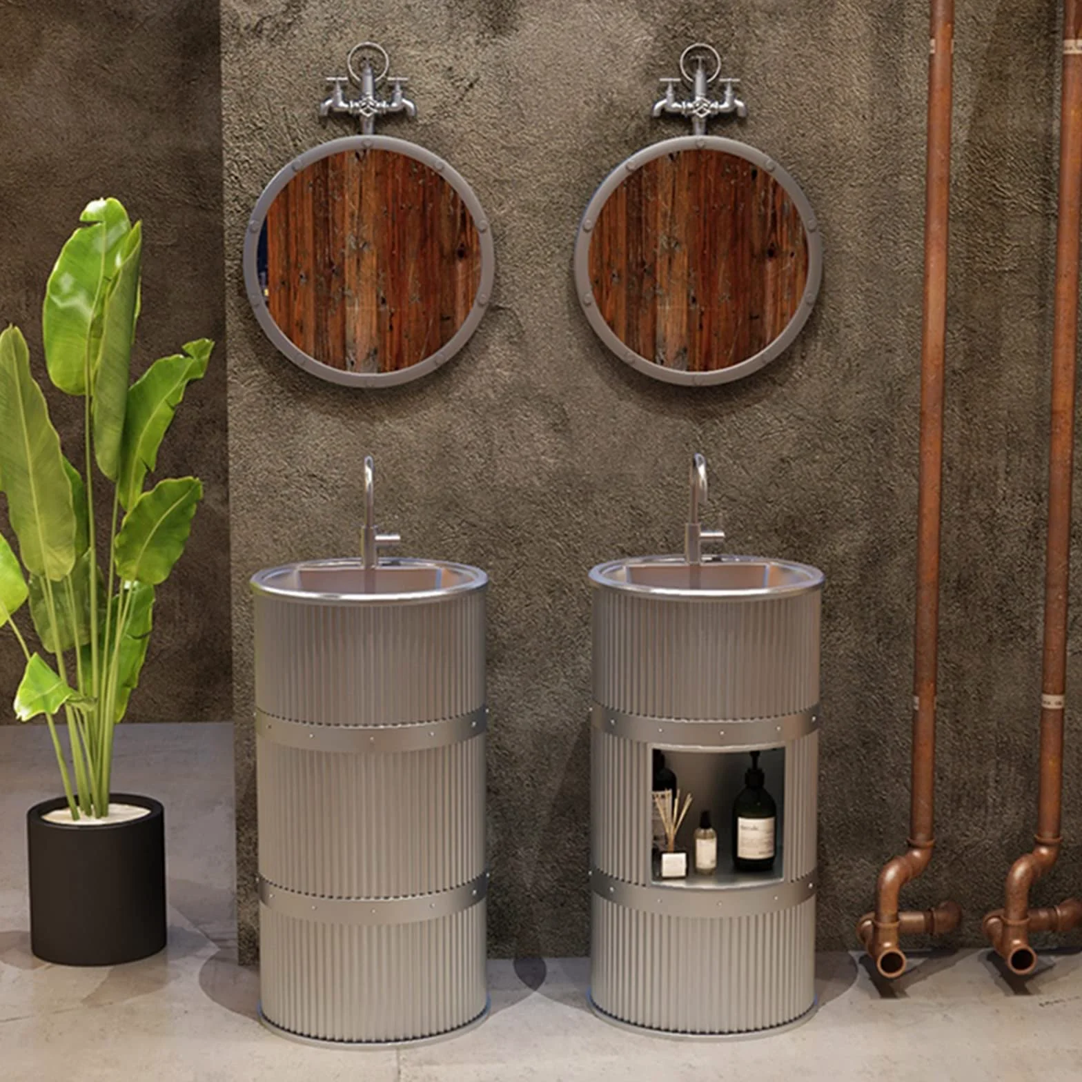 ZTGL Lavandino a Colonna Moderno in Ferro Battuto, Mobile da Bagno con Lavabo in Acciaio Inox, Lavandino su Piedistallo Freestanding Set con Rubinetto e Scarico