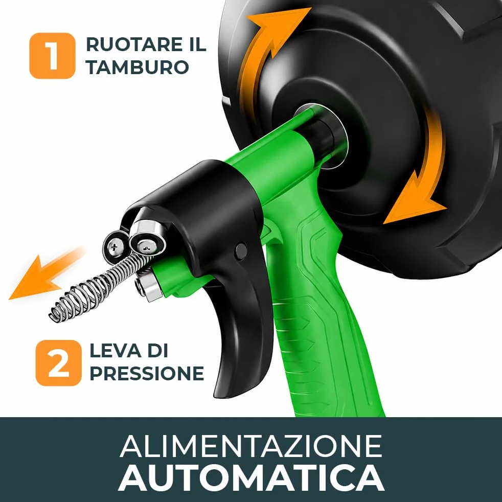 Meisterfaktur Sonda Sturatubi per Pulizia [15M] - Funzione Automatica - Molla Stura Tubi Ideale con Alimentazione Automatica - Sonda Idraulica Stura Lavandini e Scarichi per Amanti del Fai da Te!