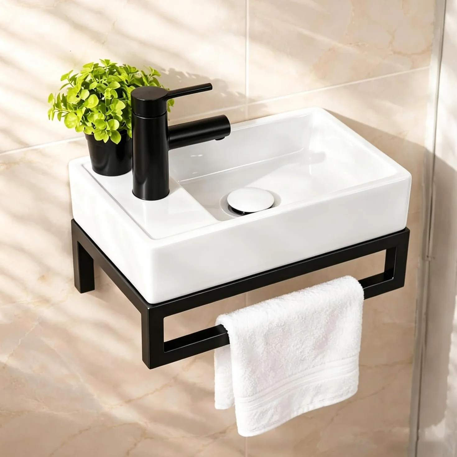 NUESTRA VIDA Lavabo WC Sospeso, 40x22 cm, per Bagno Ospiti e Piccoli Spazi. Struttura in Metallo Nero Opaco con Troppopieno, Design Salvaspazio per Appartamento
