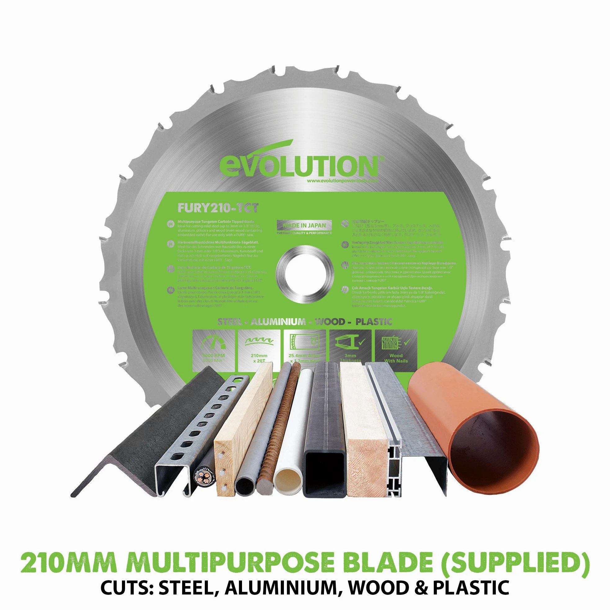 Evolution Power Tools F210CMS - Troncatrice con taglio multiuso multi-materiale, taglia legno, metallo, plastica e altro, lama TCT inclusa, compatta e potente (1200 W, 230 V, 210 mm)