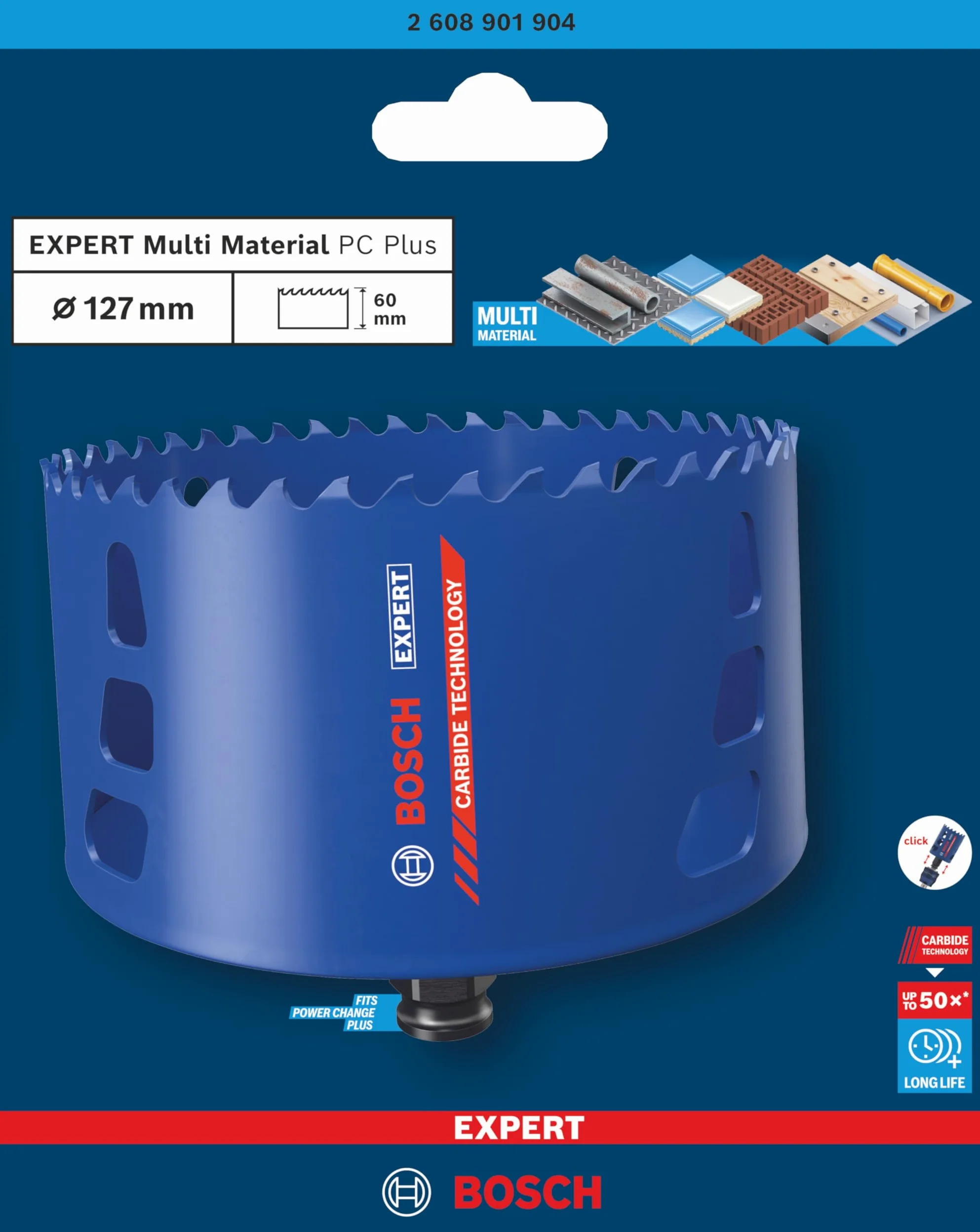 Bosch 1x Sega a tazza EXPERT Multi Material Power Change Plus (per Legno con metallo, Mattone, Ø 127 mm, Professional Accessorio Trapanoi)