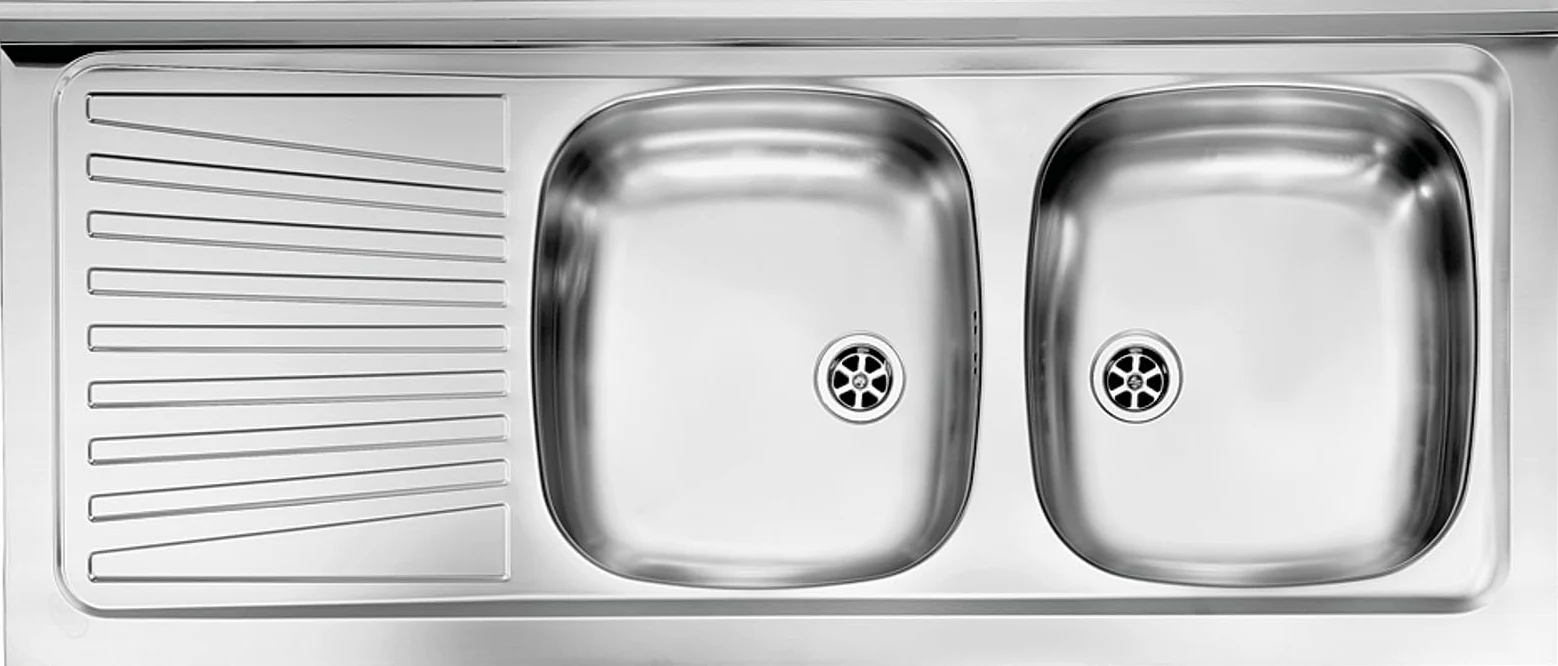 Lavello cucina acciaio inox Monica appoggio 120 x 50 cm 2 vasche stampate destre e gocciolatoio Made in Italy