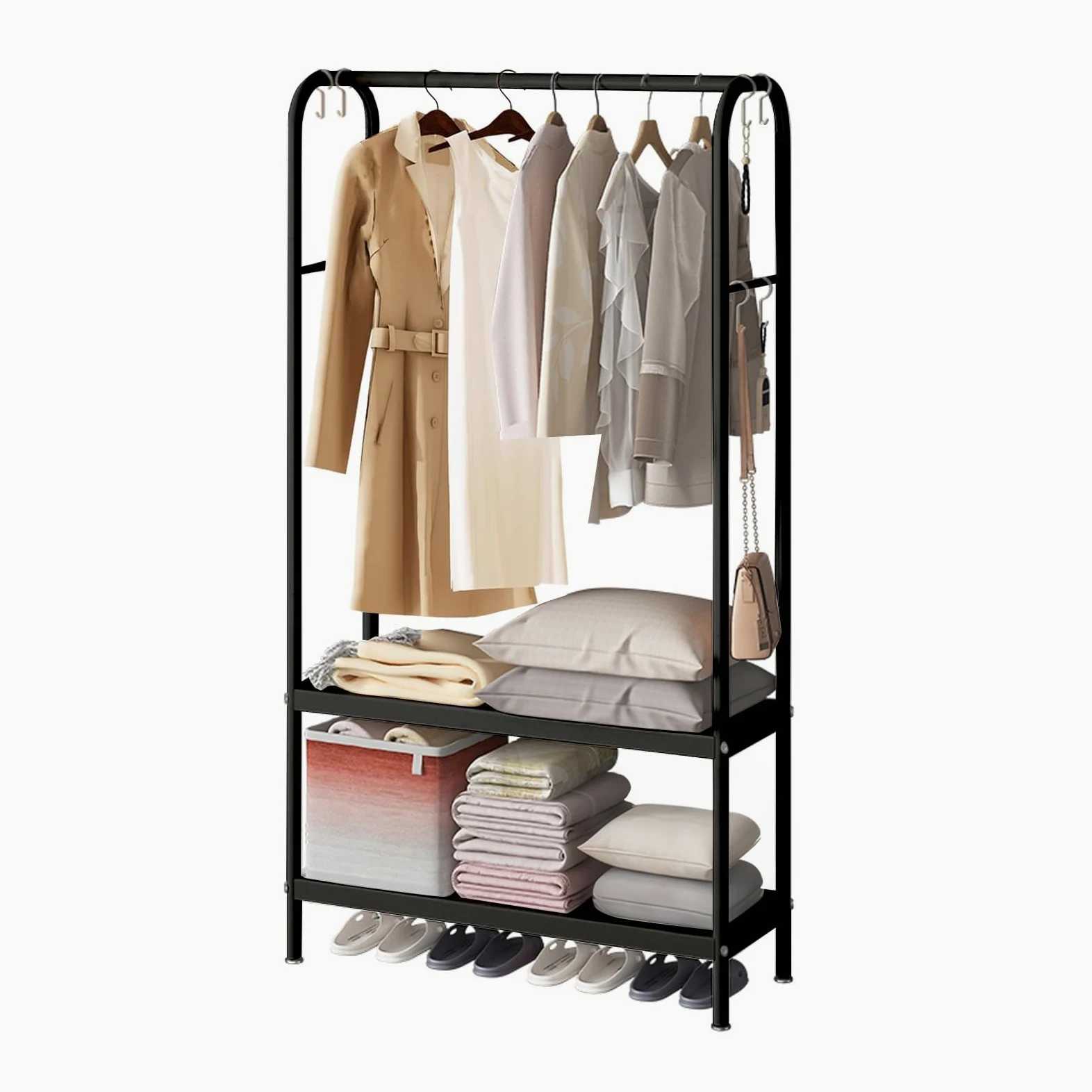 Zstar Appendiabiti in metallo per appendere vestiti, con ripiani a 2 livelli, 6 ganci, per negozio, camera da letto, spogliatoio, 80 x 33 x 172 cm, nero