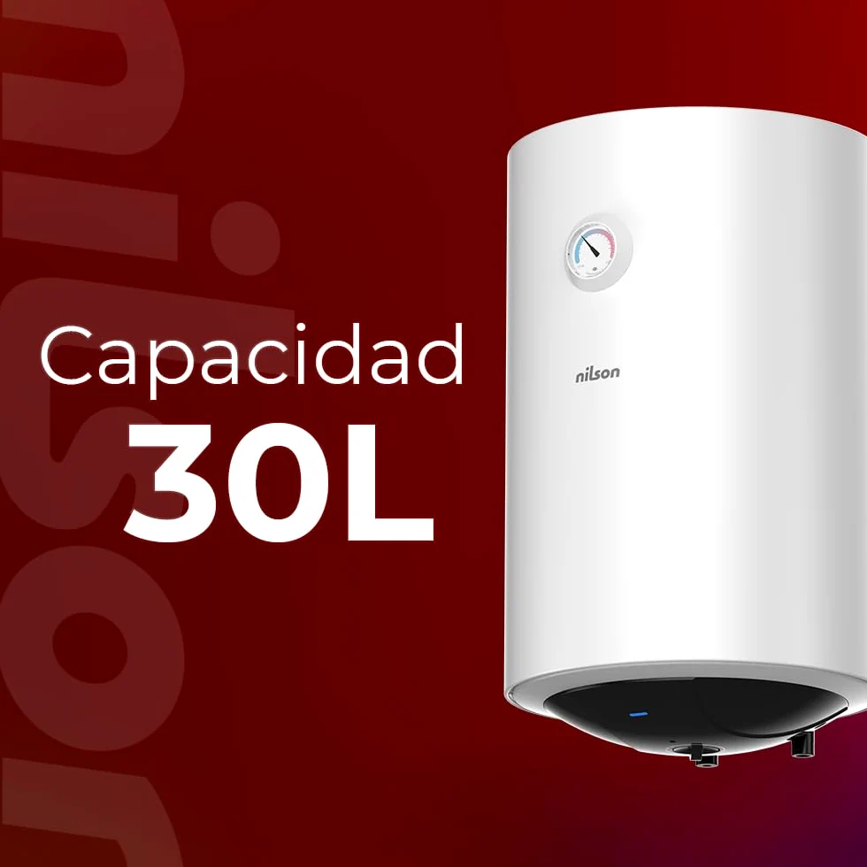 Nilson Termo Eléctrico Vertical 30 Litros NT3000. Instalación Vertical, 1500W, Incluye Kit de Montaje, Resistencia de Acero inoxidable, Blanco, Eficiencia Energética Clase C