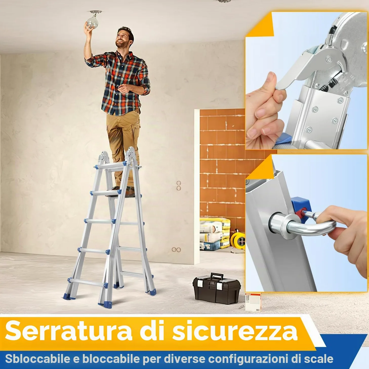 Scala Multiuso in Alluminio 4 in 1 - 513 cm, 4 x 5 Pioli, Telescopica, Capacità 150 kg, a Scorrimento Con Supporto Su Entrambi i Lati