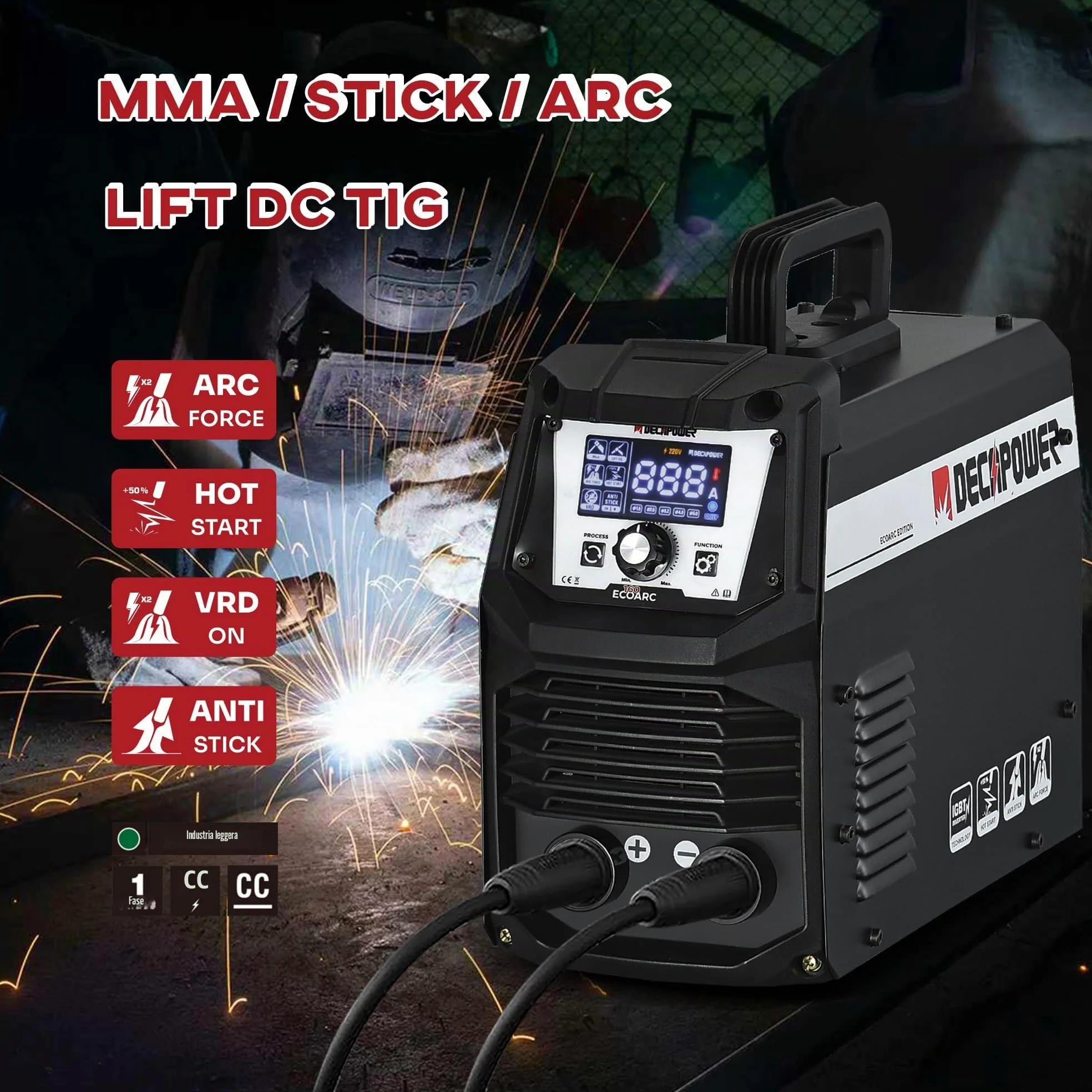 Decapower, ECOARC Saldatrice ad arco da 160 A, inverter MMA, saldatore portatile con schermo, per utilizzo casalingo (confezione da 1)