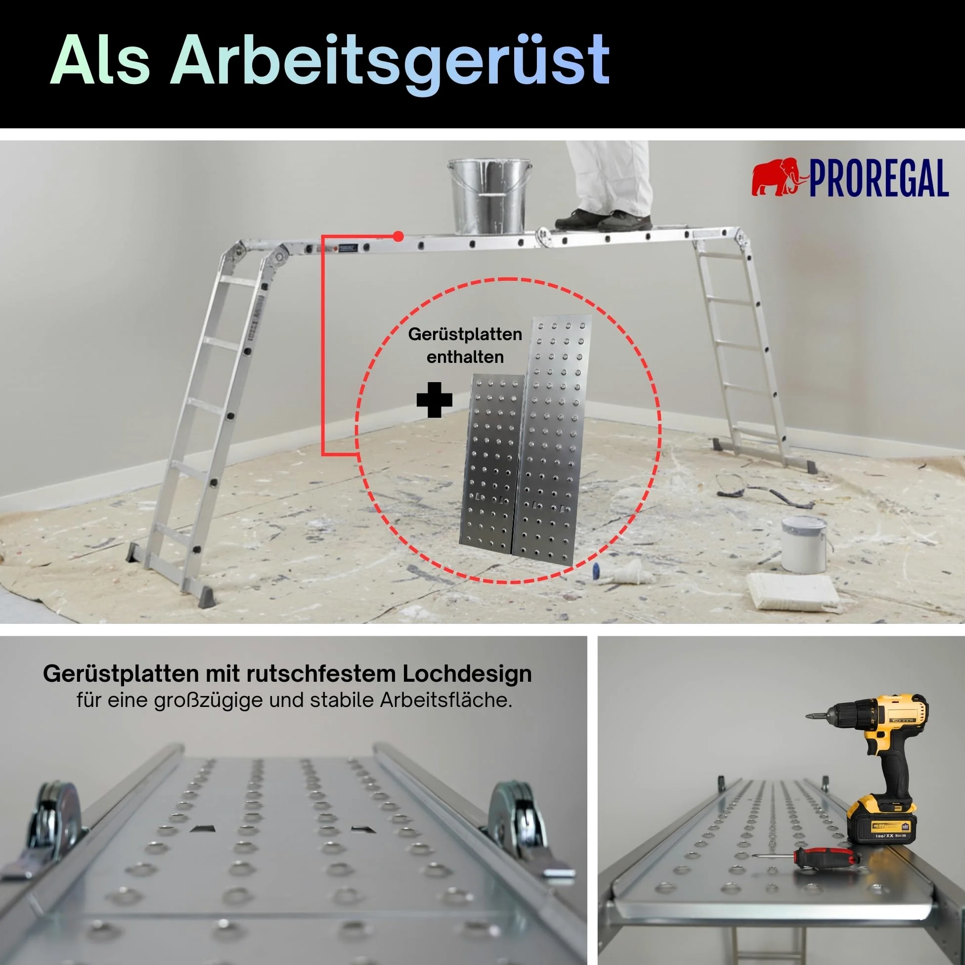 PROREGAL Scala multiuso a pioli MULTISTEP, 4 sezioni in alluminio, 4x5 pioli, altezza fino a 5,7 m, portata 150 kg, ponteggio di lavoro, scala a pioli, scala a pioli appoggiata