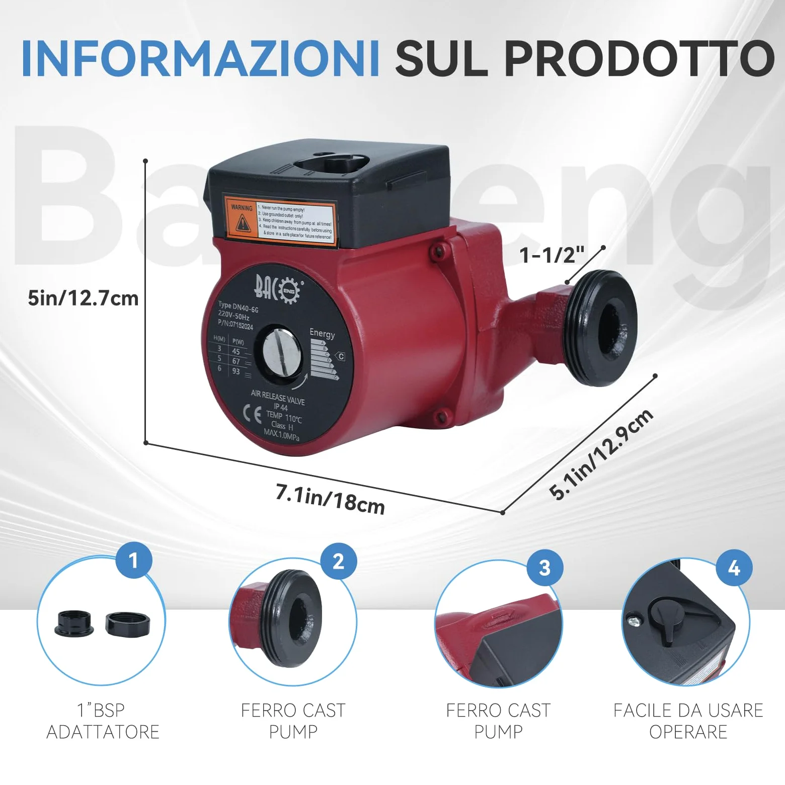 BACOENG Pompa di Circolatore Riscaldamento RS 25/6-180 Pompa di Ricircolo Acqua Calda Sanitaria 220V/50 Hz