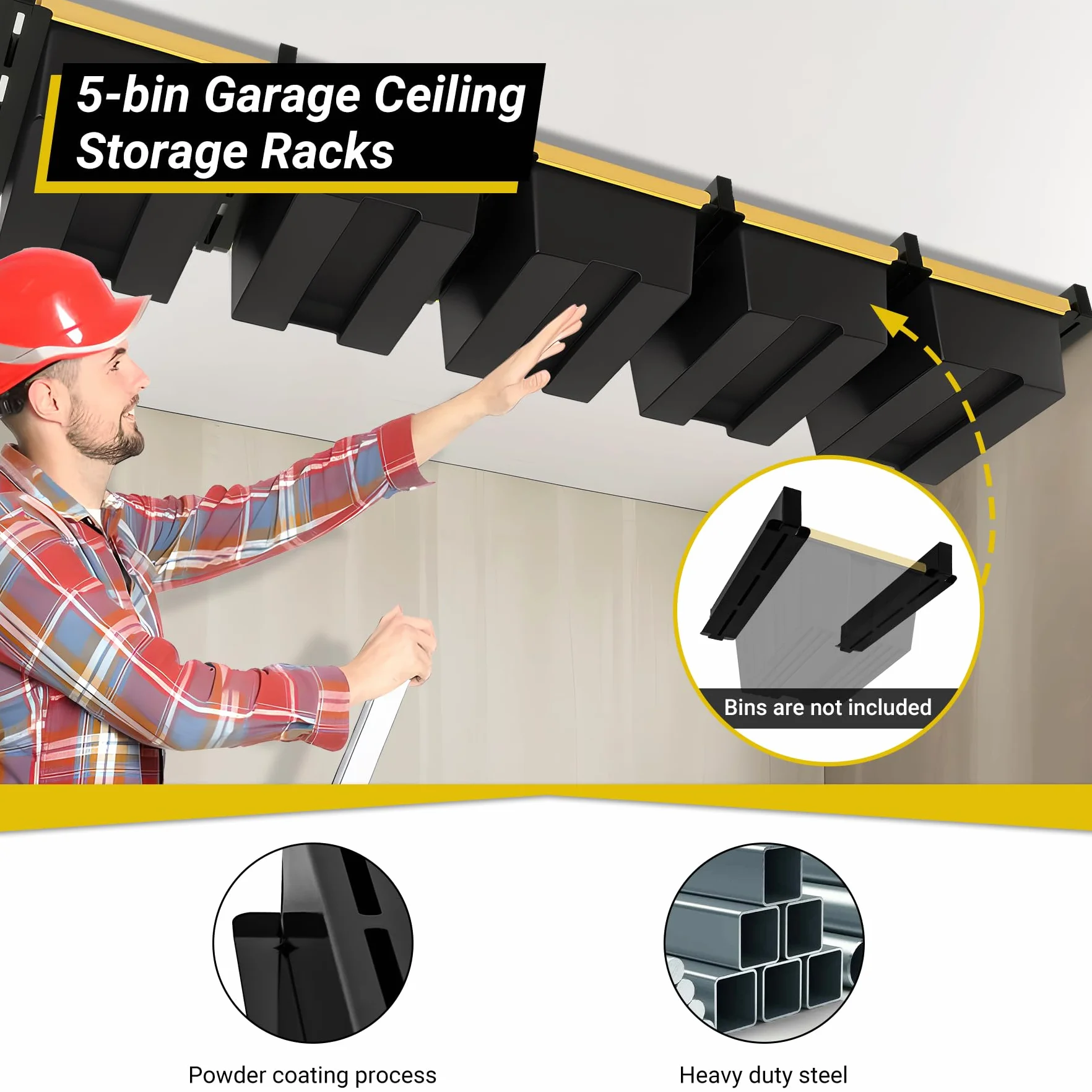 Rack portaoggetti da soffitto per garage a 5 contenitori, resistente, verniciato a polvere, per garage, capannoni, magazzini (6 pezzi, per 5 bidoni)