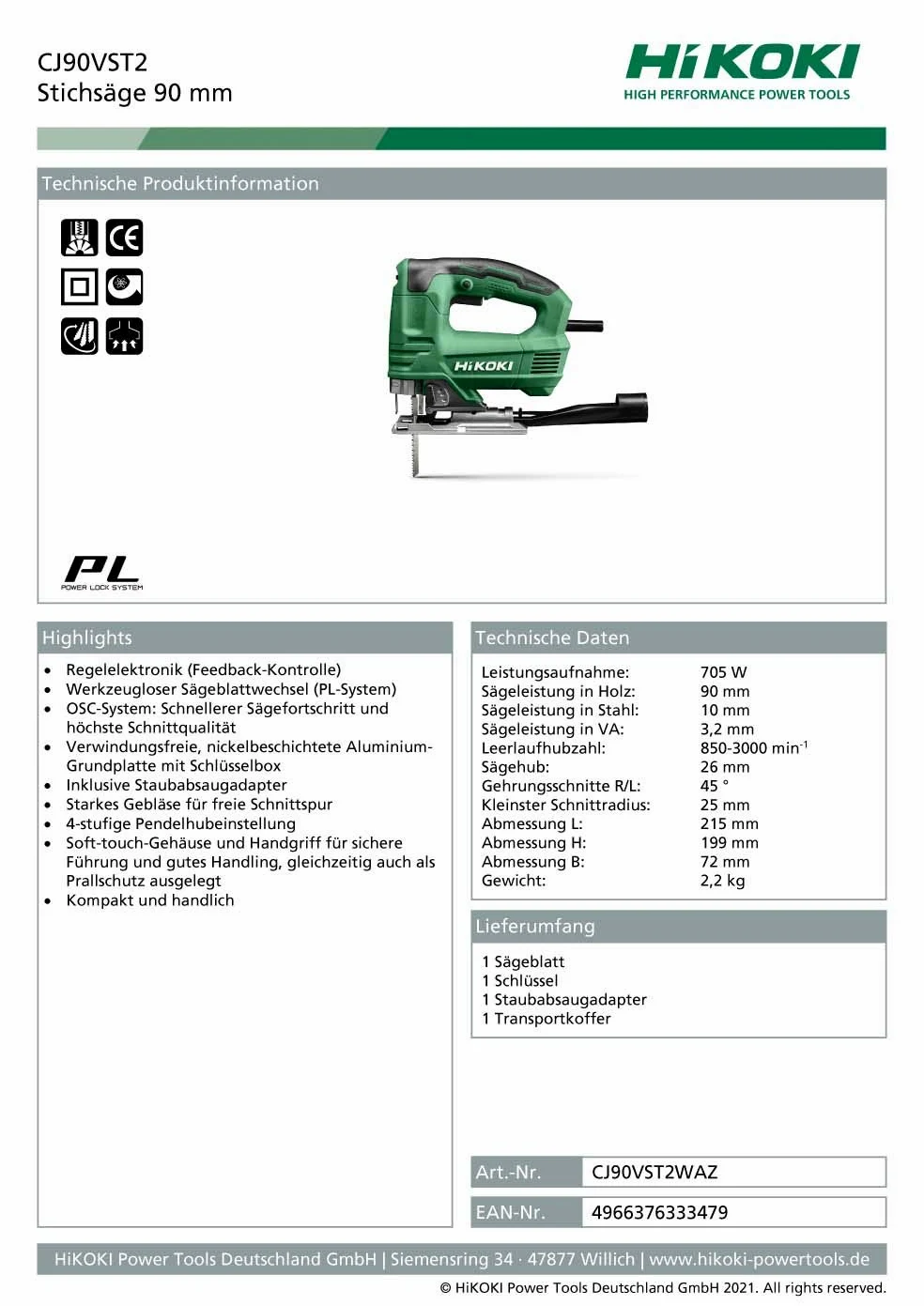 HIKOKI CJ90VST2WAZ - Sierra de calar 705W 800-3500 rpm 2,1 Kg con maletin