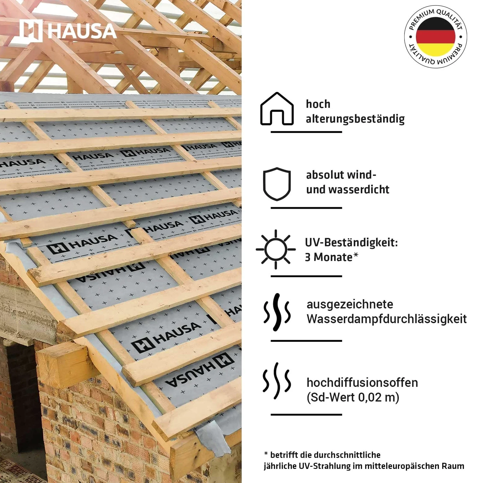 HAUSA Classic HU100SK - Binario flessibile a tre strati, ad alta diffusione, 1,5 m x 50 m (75 m²), 100 g/m², resistente agli strappi, resistente alle intemperie, con strisce autoadesive, impermeabile
