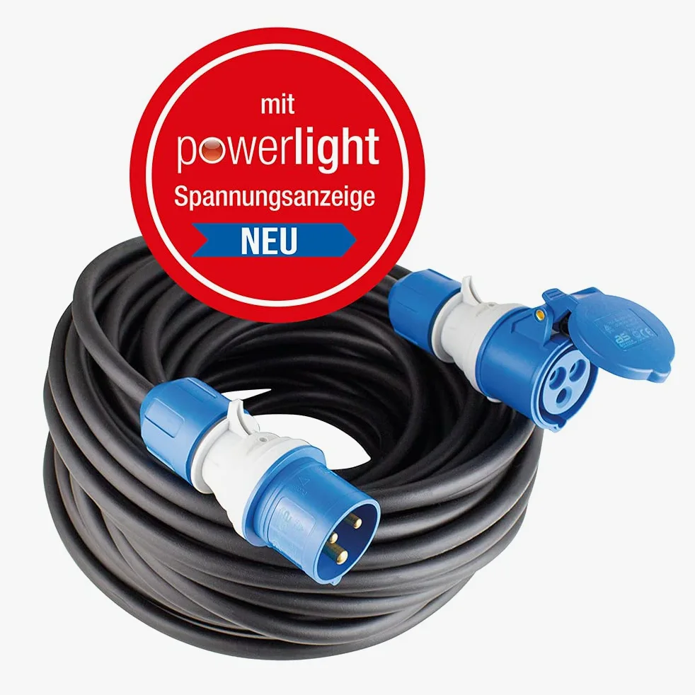 as - Schwabe Cavo di prolunga da campeggio, 25 m, 230 V, 16 A, 3 poli, spina CEE con indicatore di tensione, accoppiamento CEE con coperchio ribaltabile, prolunga per camper, prodotto in Germania,