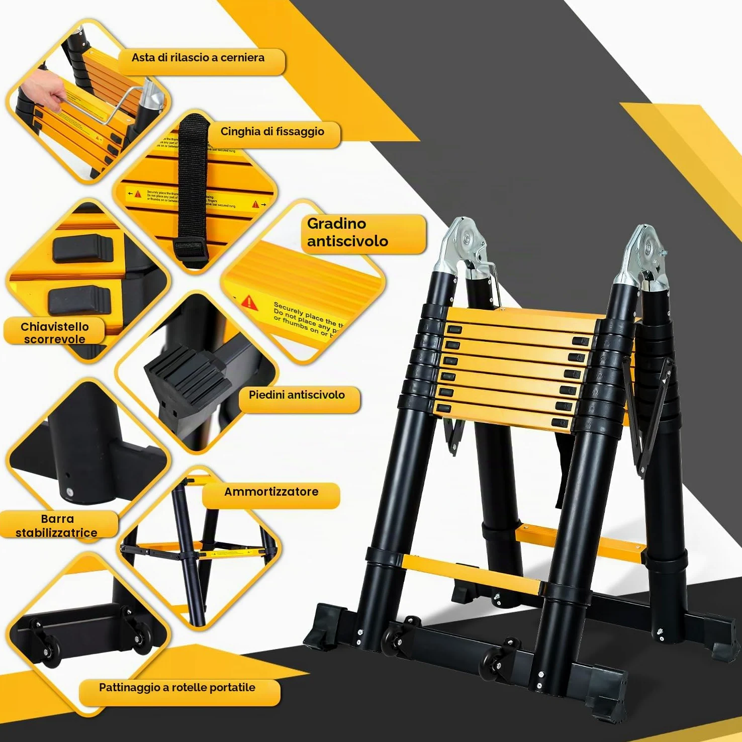Ikodm Scala telescopica pieghevole in alluminio 5 m, scala alluminio telescopica antiscivolo, scala multiuso in alluminio, portata 150 kg, colore nero e giallo