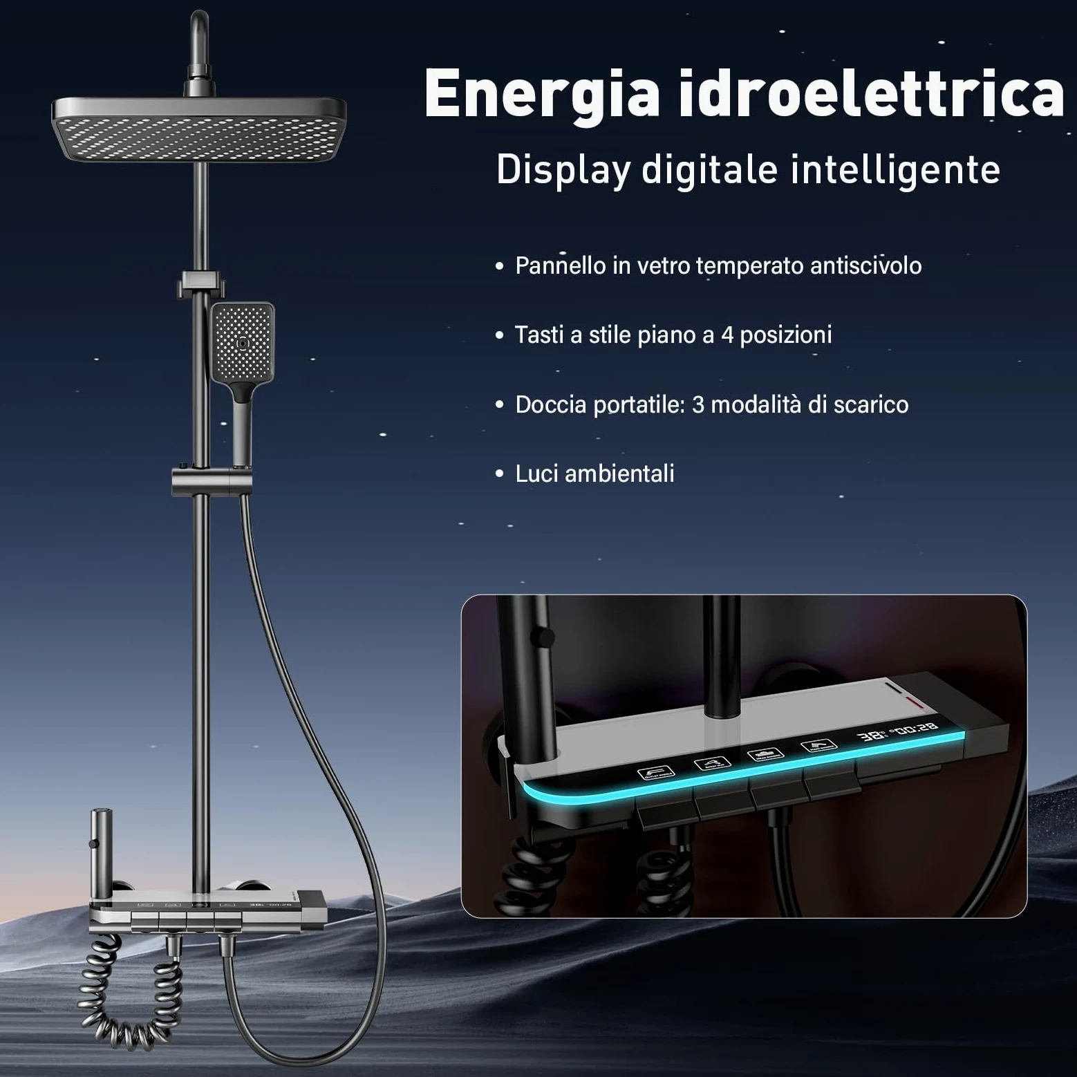 Sistema Doccia con Termostat con display digitale a LED, soffione doccia XL a pioggia, doccetta, getto ausiliario e rubinetto a cascata – Acciaio inossidabile – Colonna Doccia Regolabile
