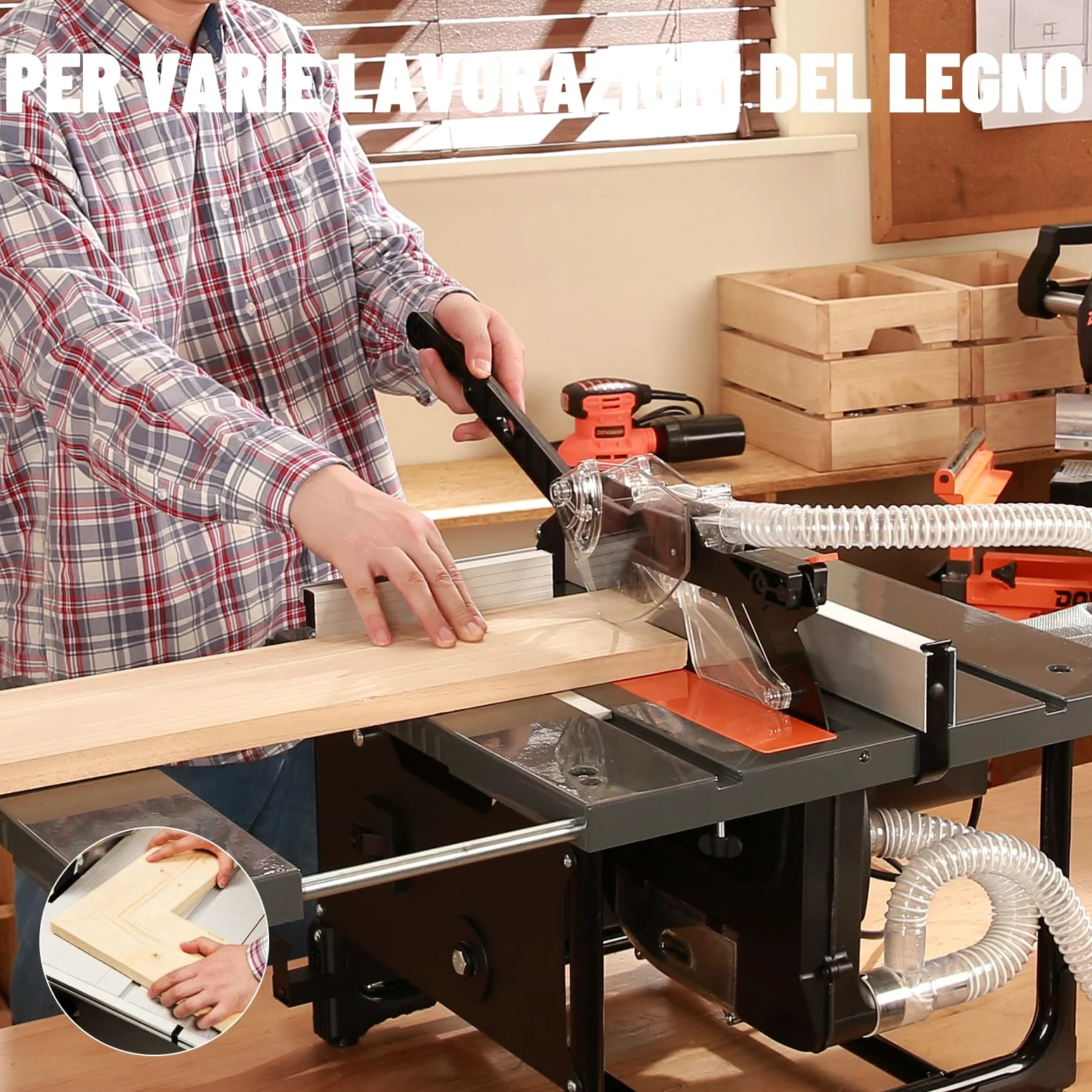 DOVAMAN Banco Sega Circolare per Legno 2000W, 98% Raccolta Polvere, Taglio Max 60mm, Lama 216mm, Piano Estensibile 48-80cm, Storage Integrato, Sega da Tavolo per DIY e Hobby - DTS02M
