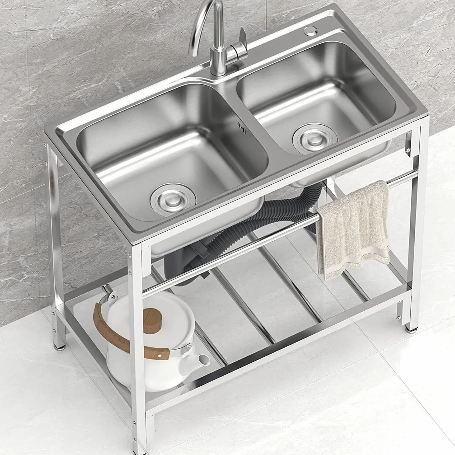 Lavello da esterno autoportante a doppia vasca, in acciaio inox, con rubinetto, portatile, per cucina, ristorante, ripiano portaoggetti per garage, lavanderia, 80 cm L x 45 cm P x 85 cm H