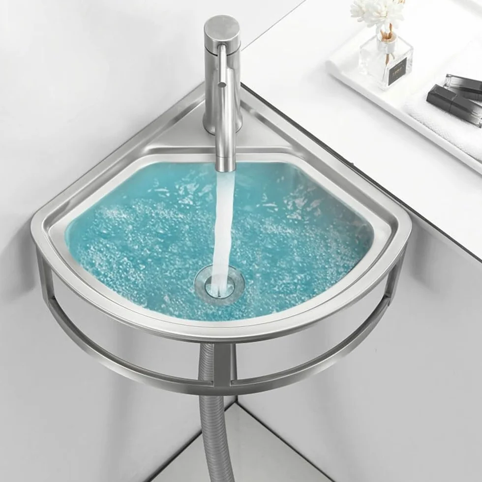 Lavello angolare da parete per bagno, 455x390 mm Lavabo da cucina Vasca Singola con Troppopieno Lavabo In Acciaio Inossidabile Lavamani per Ristorante