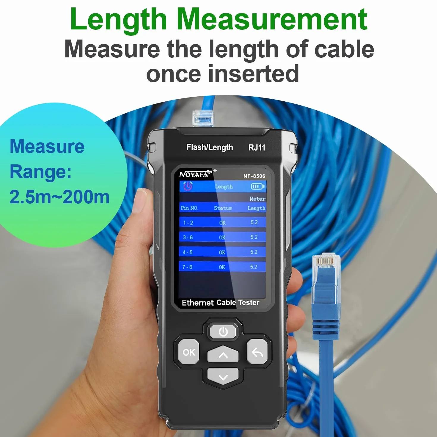 NOYAFA Tester di rete con scansione IP, test PING e switch rate, mappatura dei cavi di rete TDR, tester per cavi Ethernet RJ11 RJ45 per test PoE Cat5/Cat6, NF-8506