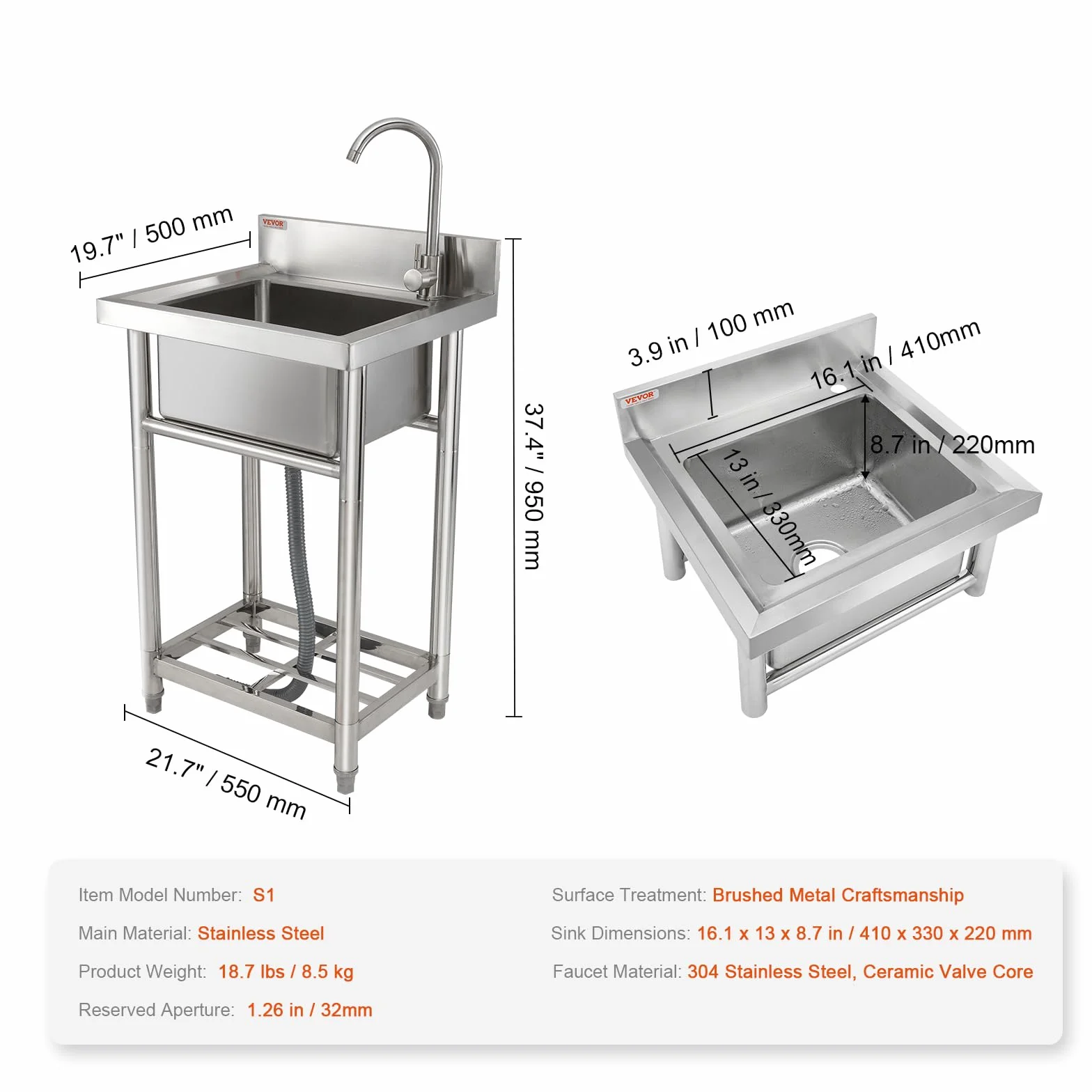VEVOR Lavello multiuso in acciaio inox, lavello con rubinetto e gambe, lavelli commerciali a vasca singola 16 x 13 x 8,7 pollici per garage, ristorante, cucina, lavanderia