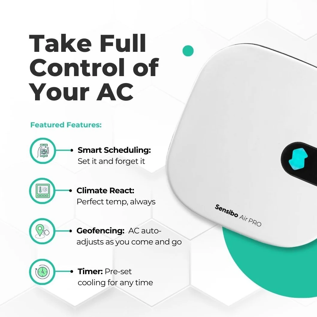 Sensibo Air PRO -qualità dell’aria e telecomando smart per condizionatori mini split, da finestra o portatile. Sensori di temperature e umidità. Compatibile con Google App, Apple HomeKit, Alexa e Siri