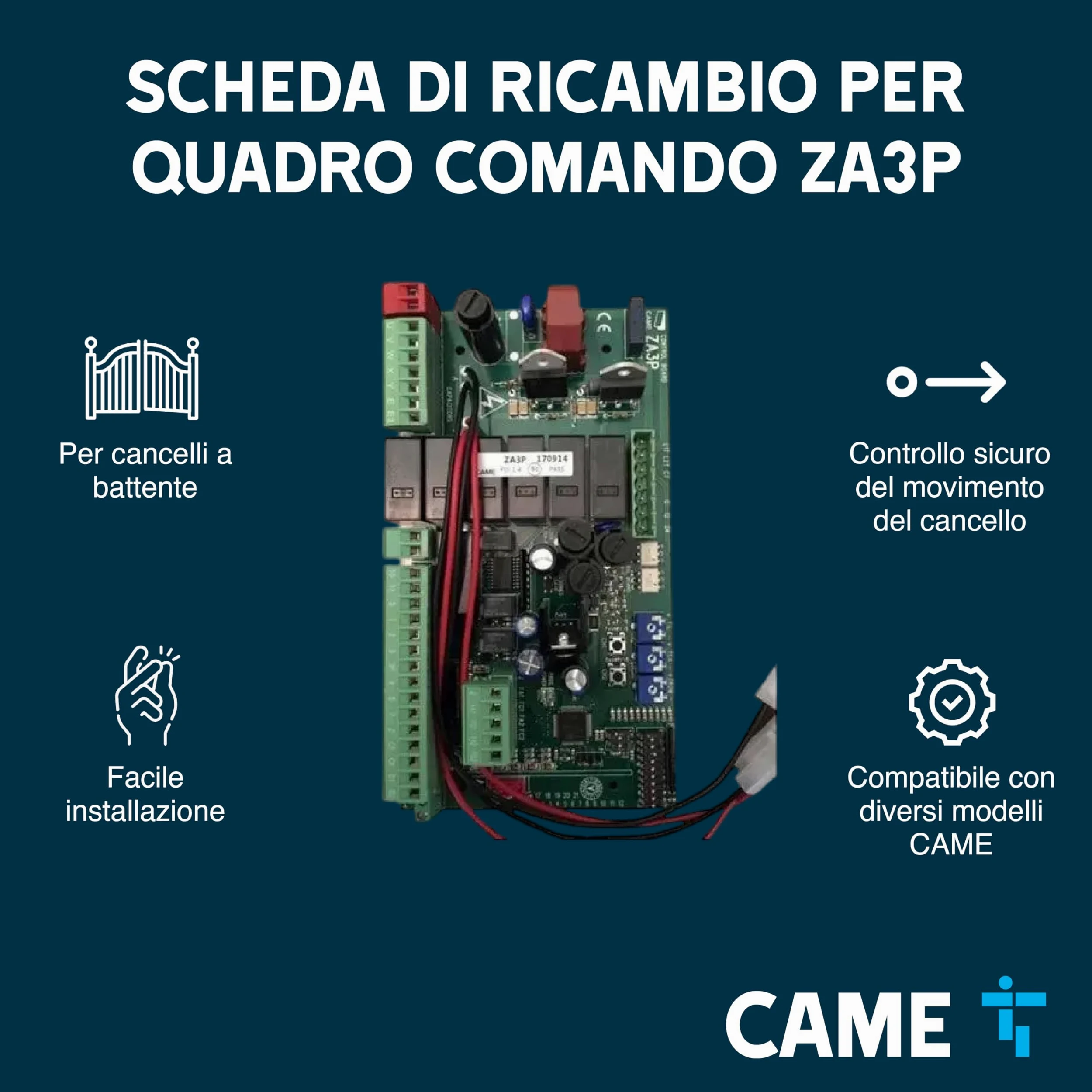 CAME Scheda elettronica di ricambio per il quadro comando ZA3P per cancelli a battente con gestione dei finecorsa e regolazione della velocità di rallentamento per manovre fluide e sicure