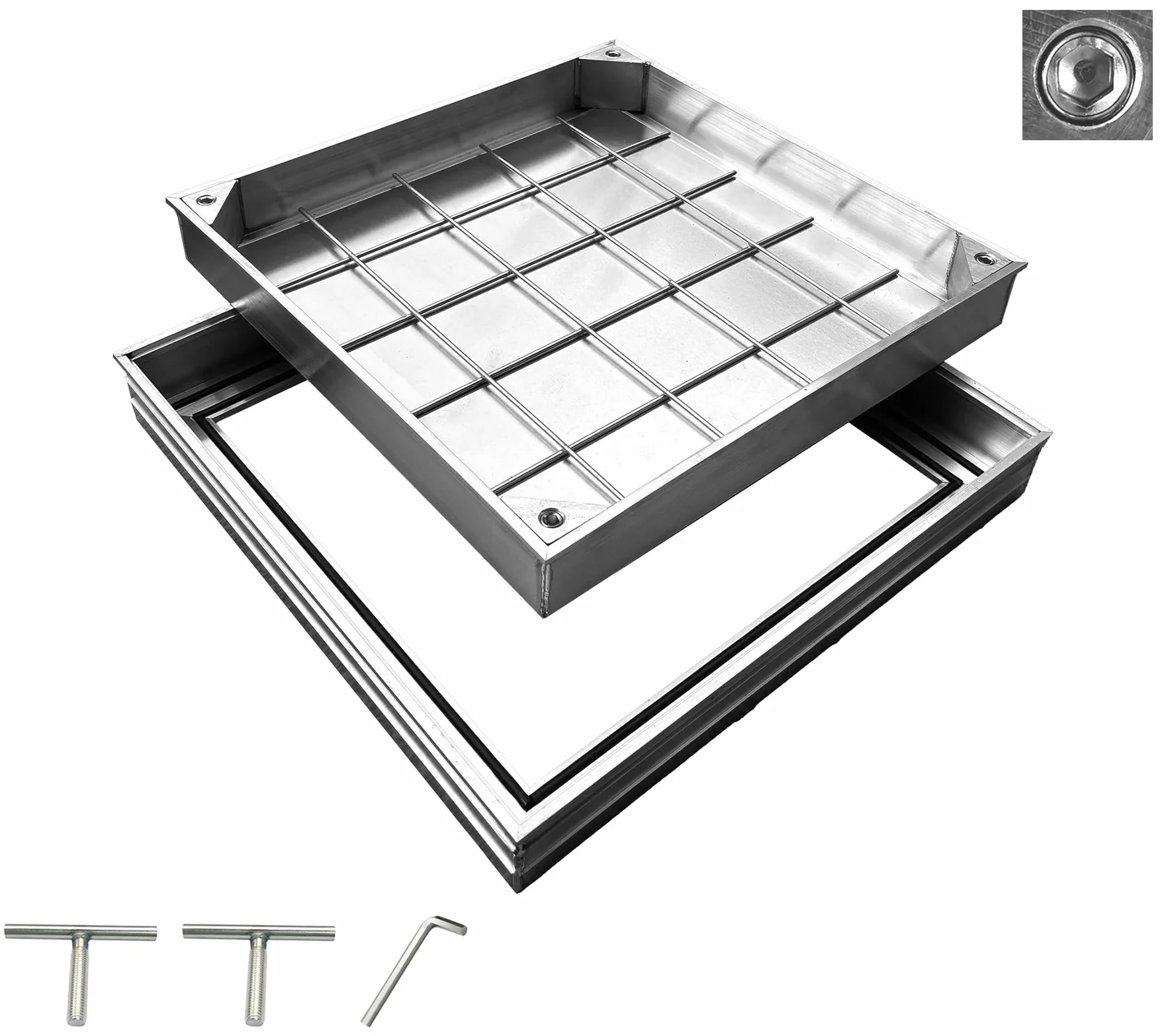 Copertura per pozzetti in alluminio, 400 x 400 x 55 mm, in alluminio, con cornice EN124 A15, coperchio quadrato per canali, coperchio invisibile per scene interne ed esterne