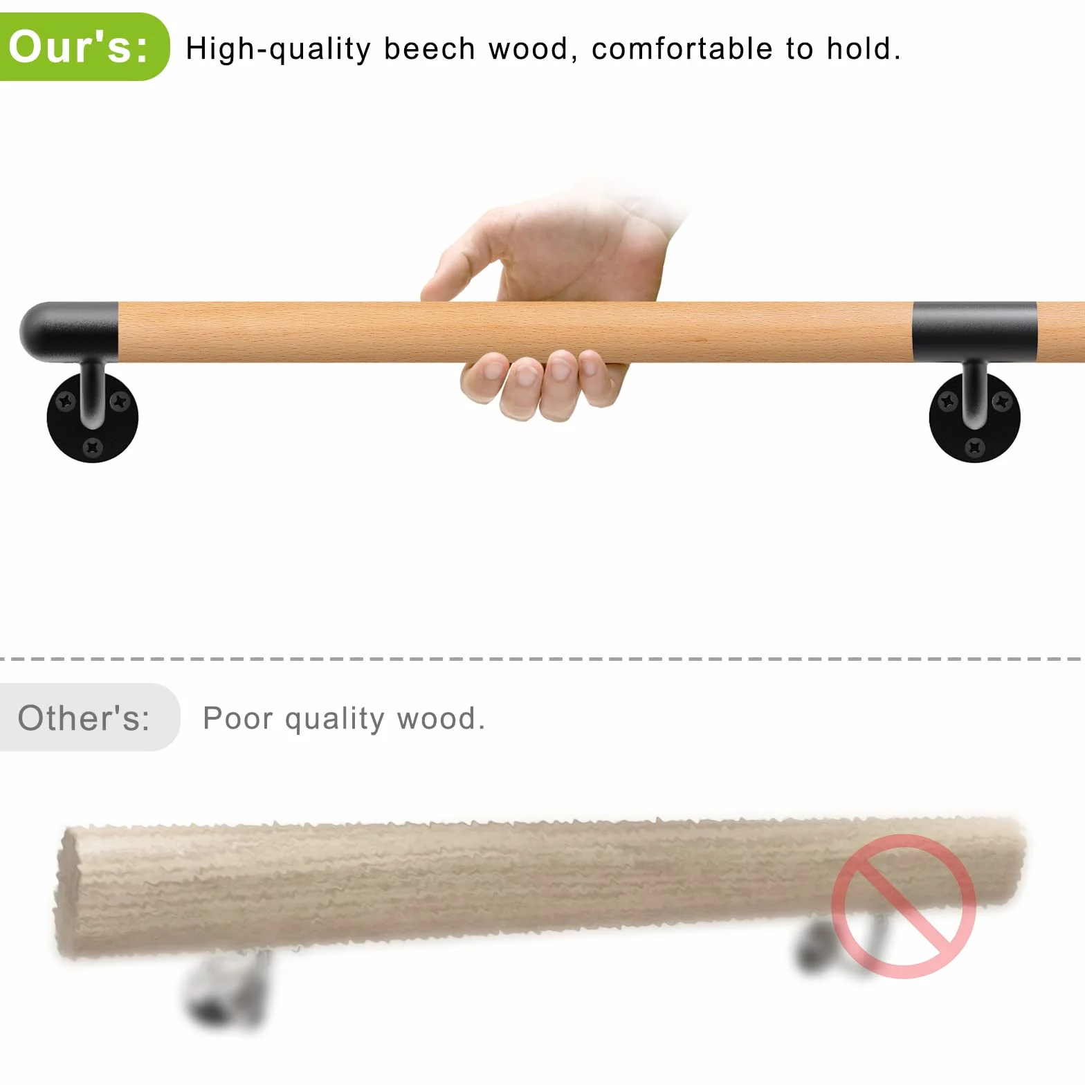 Dolibest Corrimano in Legno 150cm per Scale Interne Con Staffe in Metallo - Barra a Parete Senza Barriere per Anziani