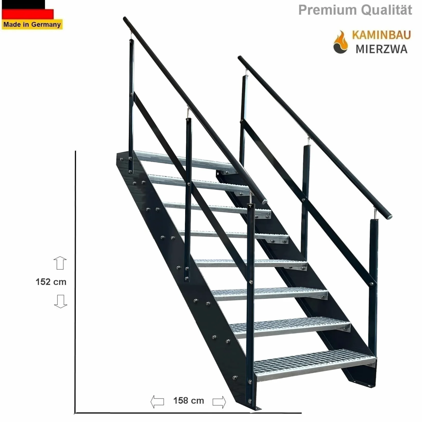 Scala in acciaio di alta qualità con ringhiere/guance e ringhiere su entrambi i lati, antracite RAL 7016/8 gradini zincati (larghezza 1000 mm) (altezza 152 cm), resistente alle