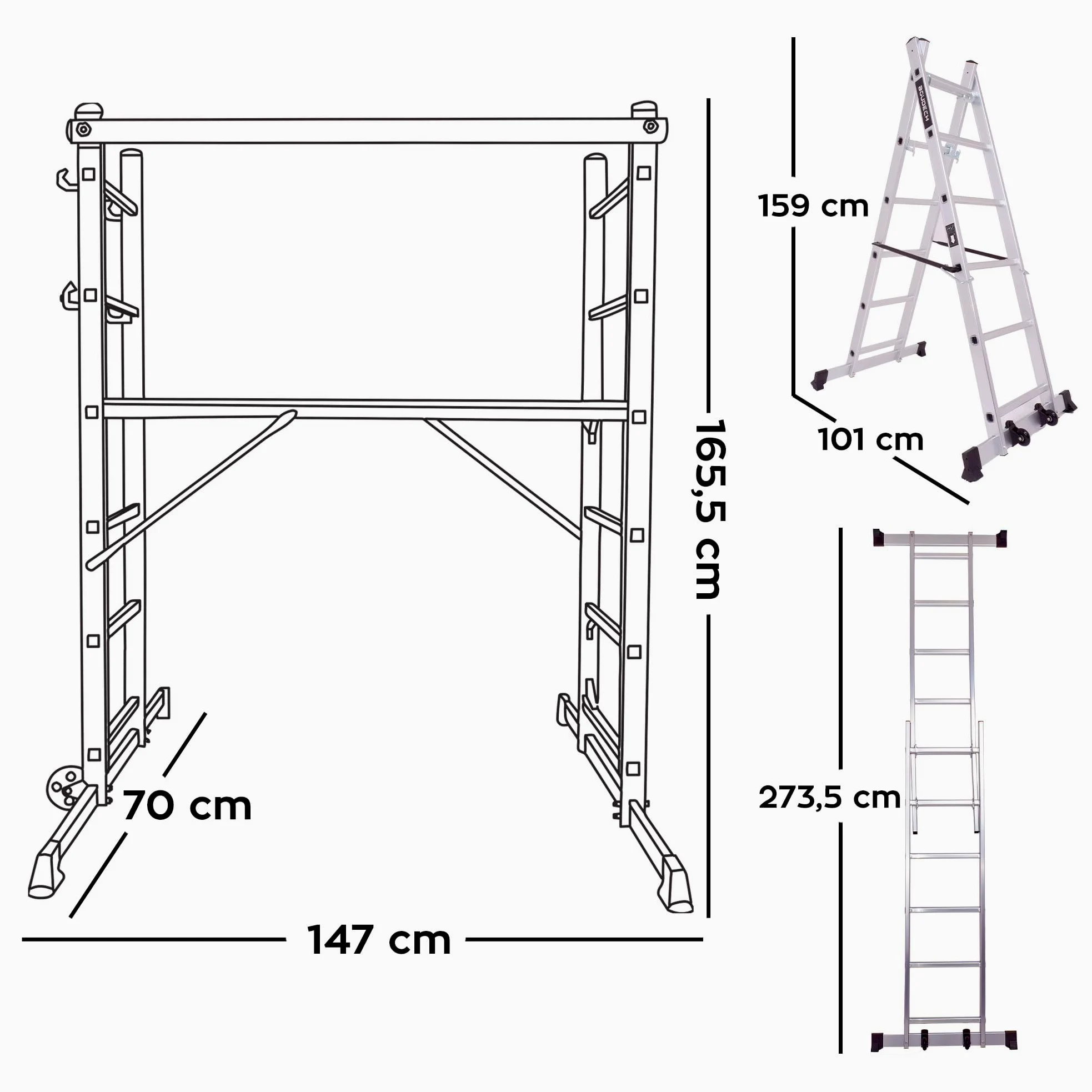 BOUDECH® RIG 100 – Impalcatura Multifunzione Trabattello 3 in 1 H165,5 cm Scala Ponteggio da Lavoro con Ruote in Alluminio Portata max 150 Kg