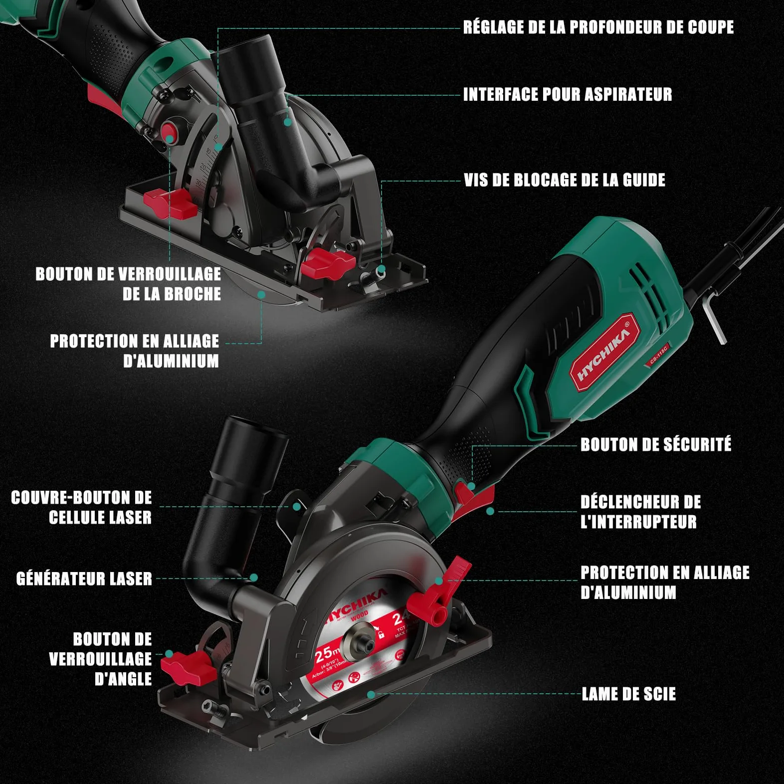 HYCHIKA Sega Circolare a Mano, Mini Sega Circolare 750W 3500 giri/min con Borsa da Trasporto, 3 Lame da Sega 115+125mm, Guida Parallela, Profondità di Taglio 48mm, per Legno, Metallo Dolce, Plastica