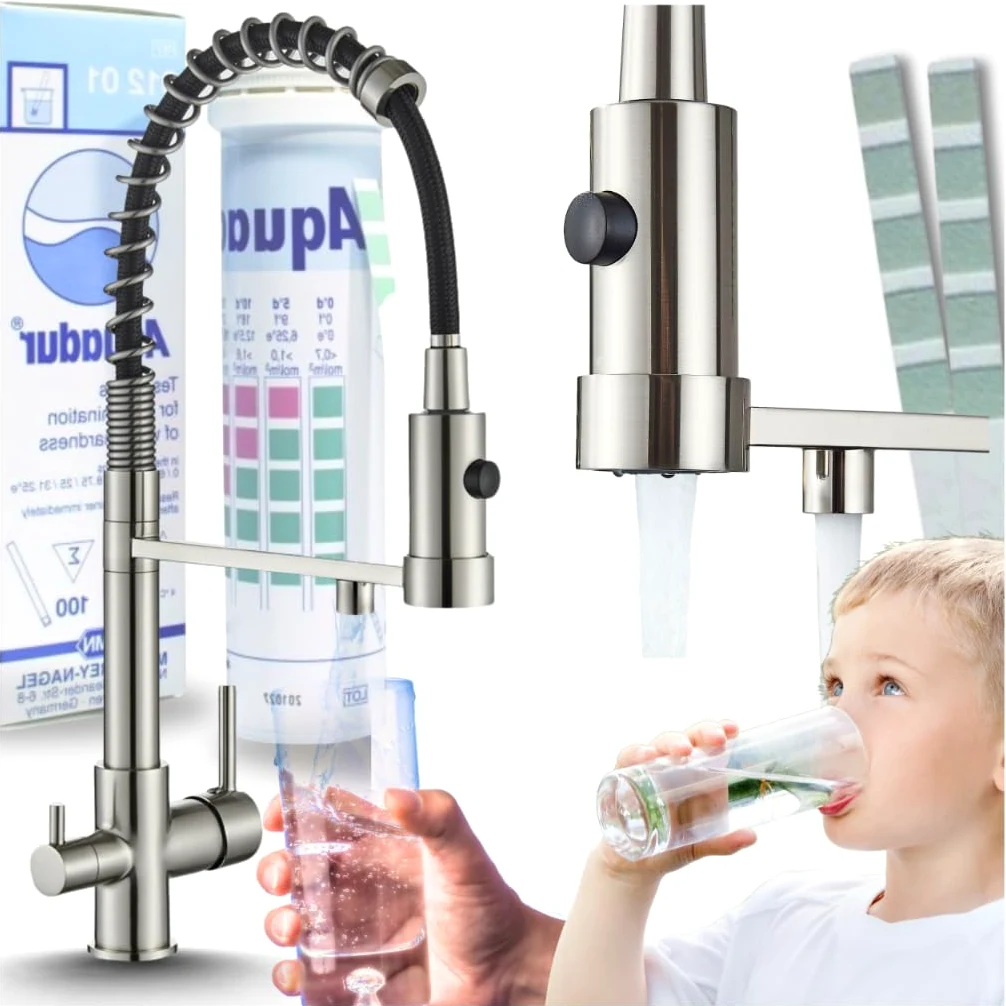 Rubinetto da cucina a 3 vie SOLID SPRING con doccetta estraibile, cavo separato per filtro dell'acqua, beccuccio girevole a 360°, rubinetto a molla in ottone, montaggio monoforo (acciaio inossidabile)